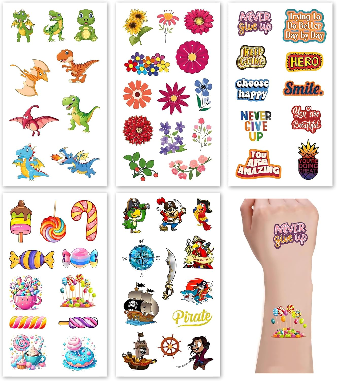 20 Sheets Temporary Tattoo Fake Tattoos Cute Pattern Stickers Markers for Children Kids Toddlers Boys Girls