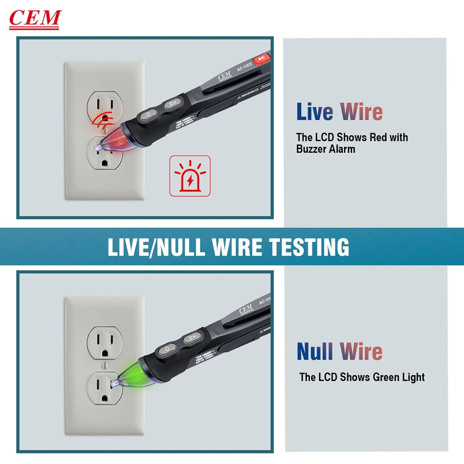 CEM AC-15EX Voltage Tester with Dual Range 12V-1000V/100V-1000V, Non-Contact Explosion-Proof NCV Voltage Detector for Wire Breakpoint Live/Null Wire Test Socket with Flashlight Buzzer & Light Alarm image number 2