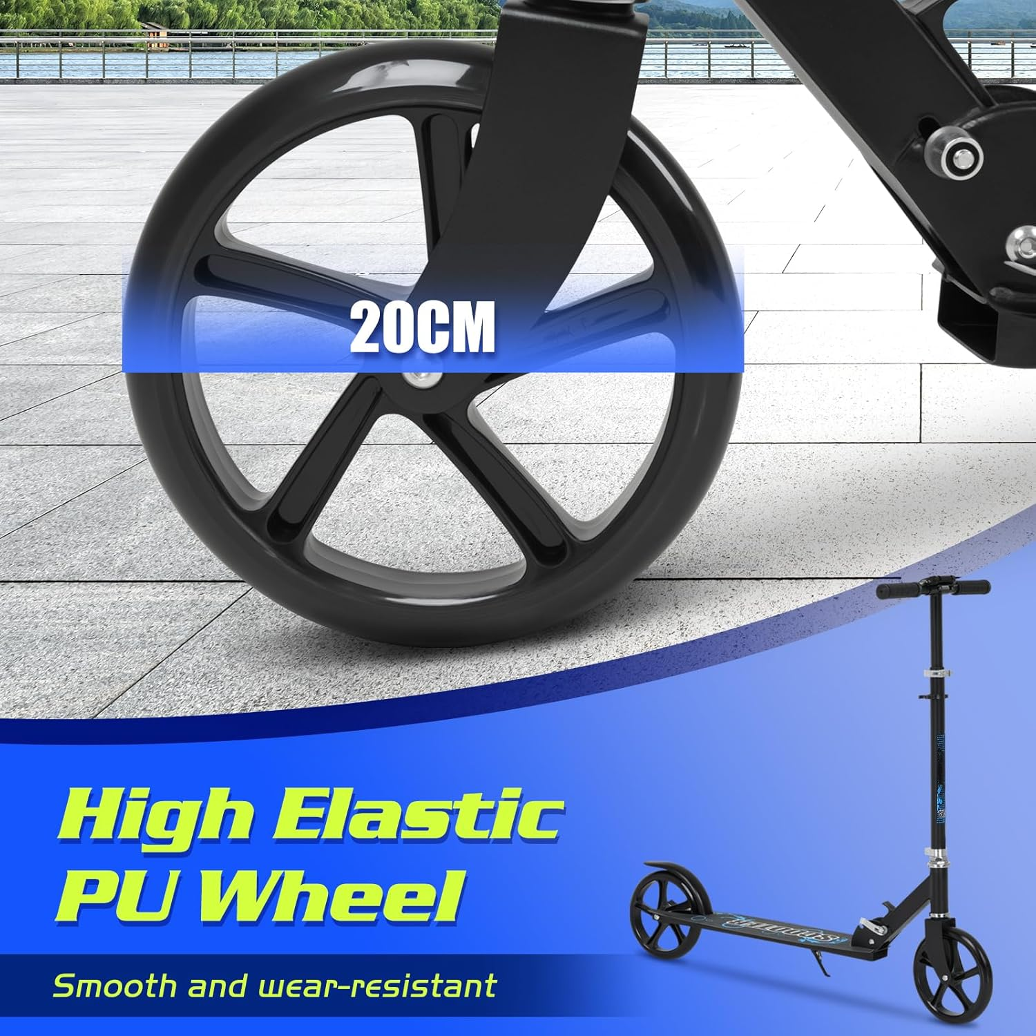 Advwin Kick Scooter Folding Scooter, 3 Adjustable Height for Ages 6+ Kid, Teens & Adults 20Cm PU Wheels Load 100Kg, Blue image number 2