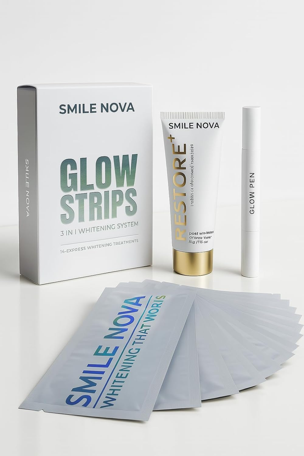 GLOW STRIPS&trade; 14 Express Teeth Whitening Strips + 2Ml Glow Pen + Restore+ Nano-Hydroxyapatite Toothpaste &ndash; Enamel-Safe, Fast Teeth Whitening Kit with Post-Whitening Care