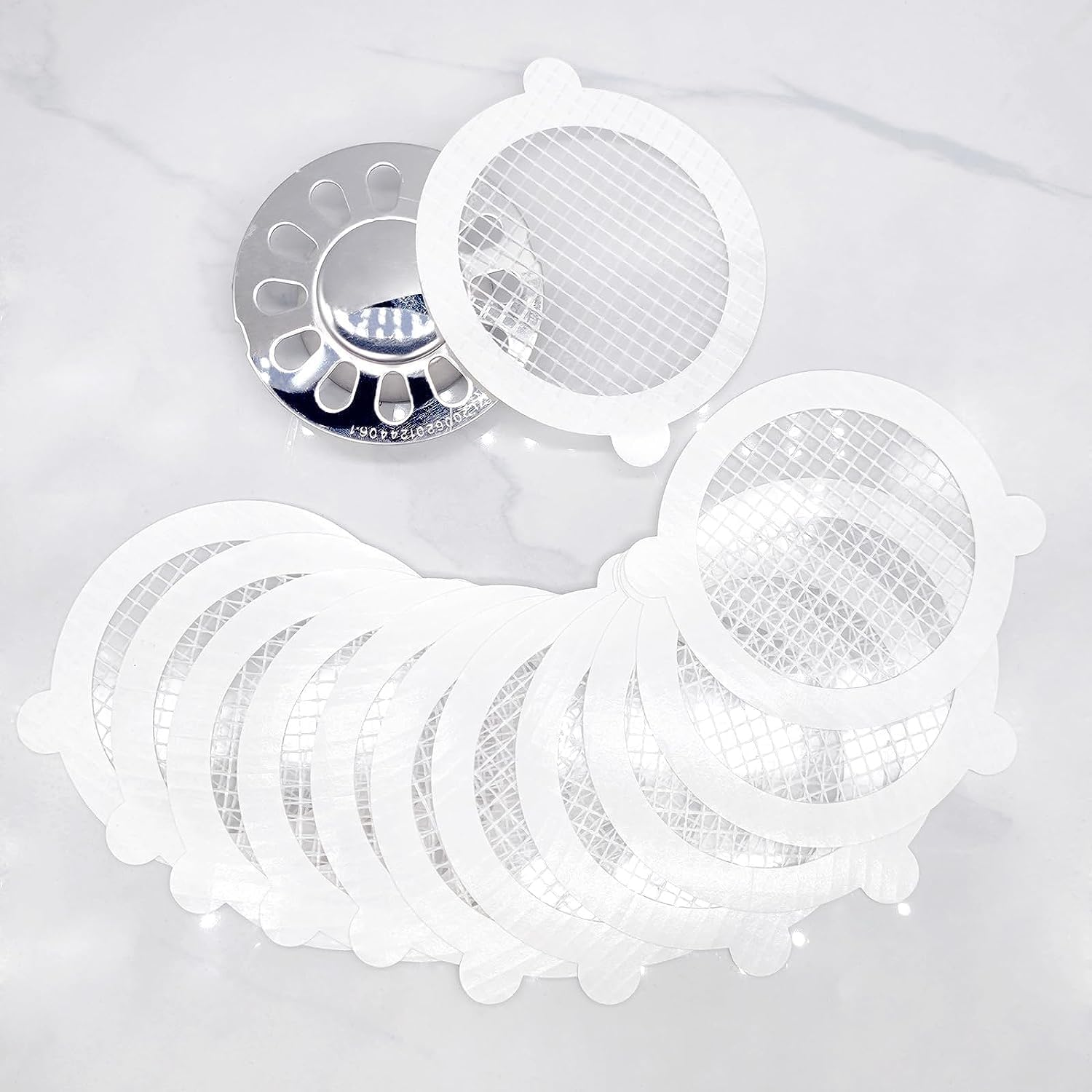 Disposable Drain Hair Catcher 50 Pack, Shower Drain Cover Hair Catcher Mesh Sticker, White, Plastic, Matte, Modern, Glass Fiber Construction image number 5