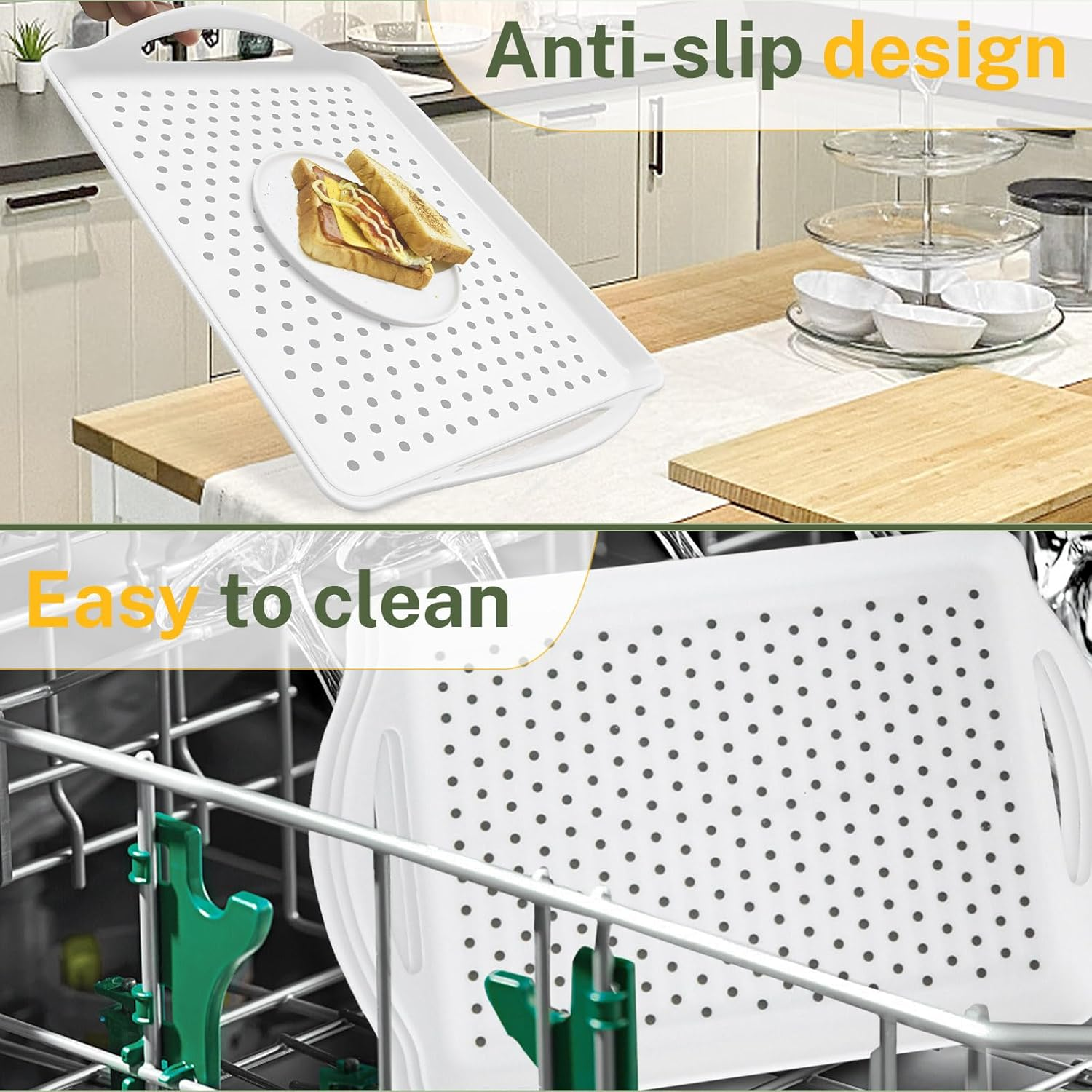 Chihutown 3PCS Non Slip Food Serving Tray with Handles, 16.5/ X11.4/ White Platters for Serving Food, Rectangle Food Service Tray, Food Trays for Party Kitchen (White) LTZ001 image number 3