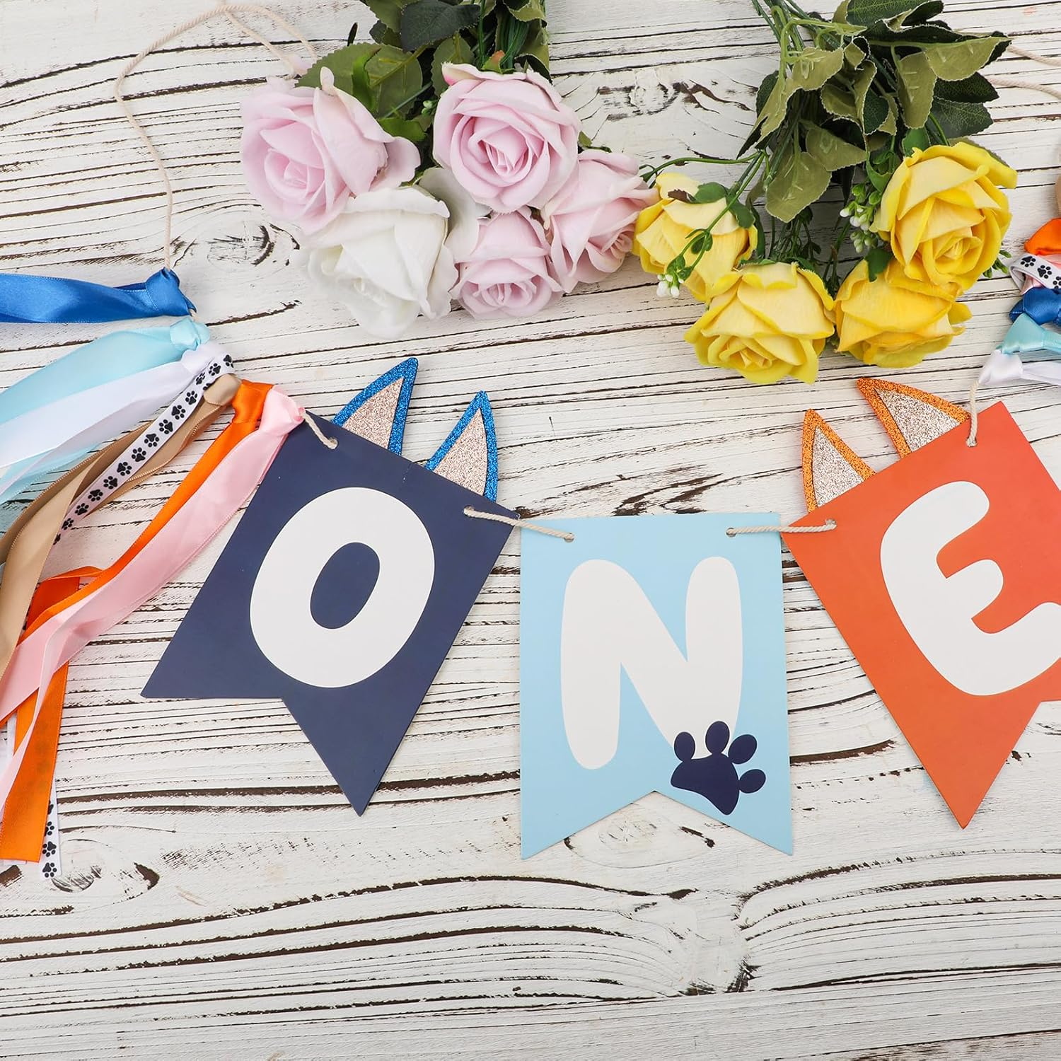 Light Blue Navy Brown Orange First Birthday High Chair Banner, Cute Puppy Paw Print Highchair Banner First Birthday Boys and Girls First Birthday Decor Birthday Backdrop Banner image number 2