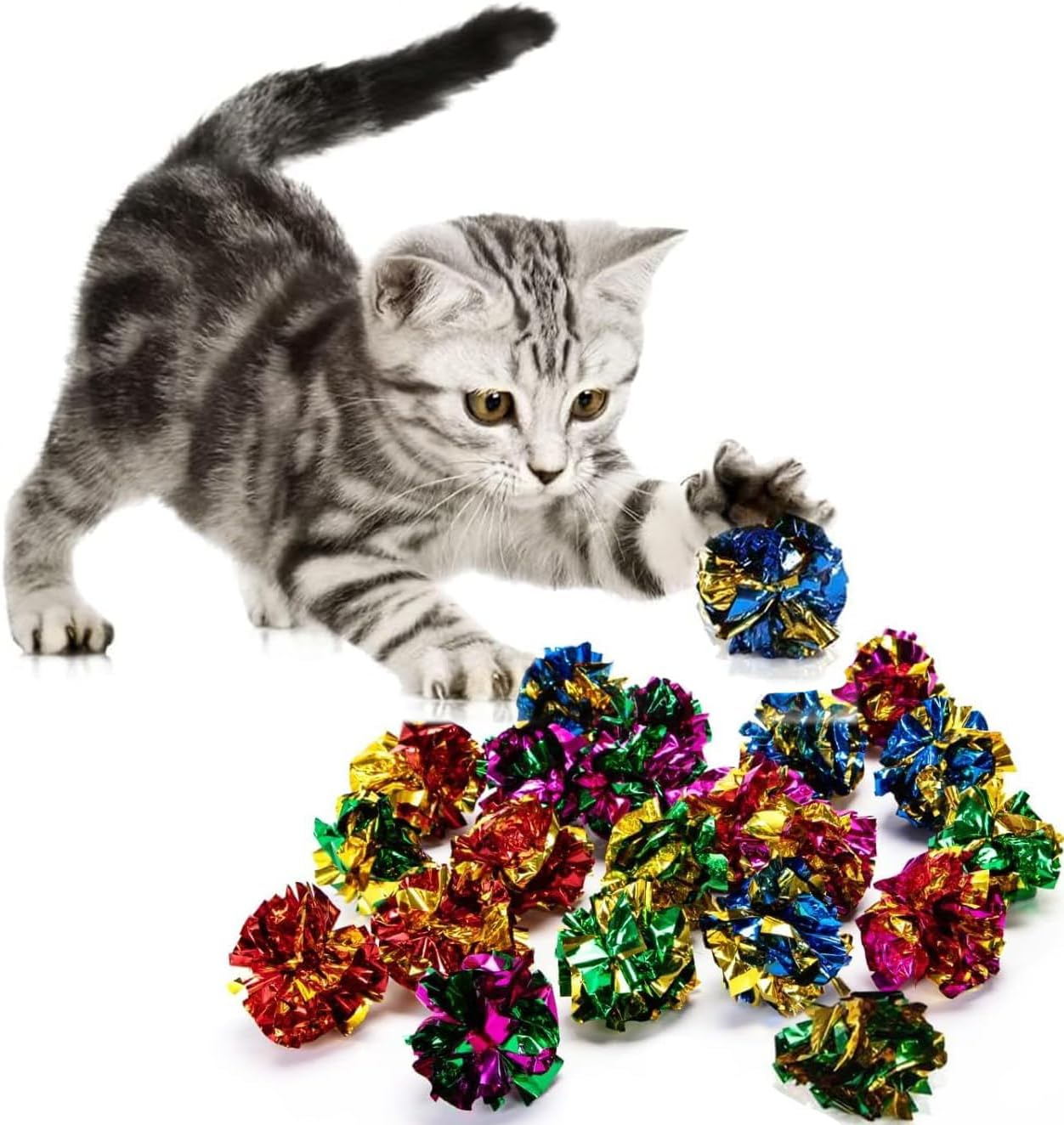 Mumoo Bear Cat Crinkle Ball Toys, 20 Pieces Colorful Mylar Balls, Kitten Toys,Indoor Kitten Interactive Toy Ball, Shiny Foil Toy Balls with Crinkly Sound, 6 Cm/2.36 Inch image number 4