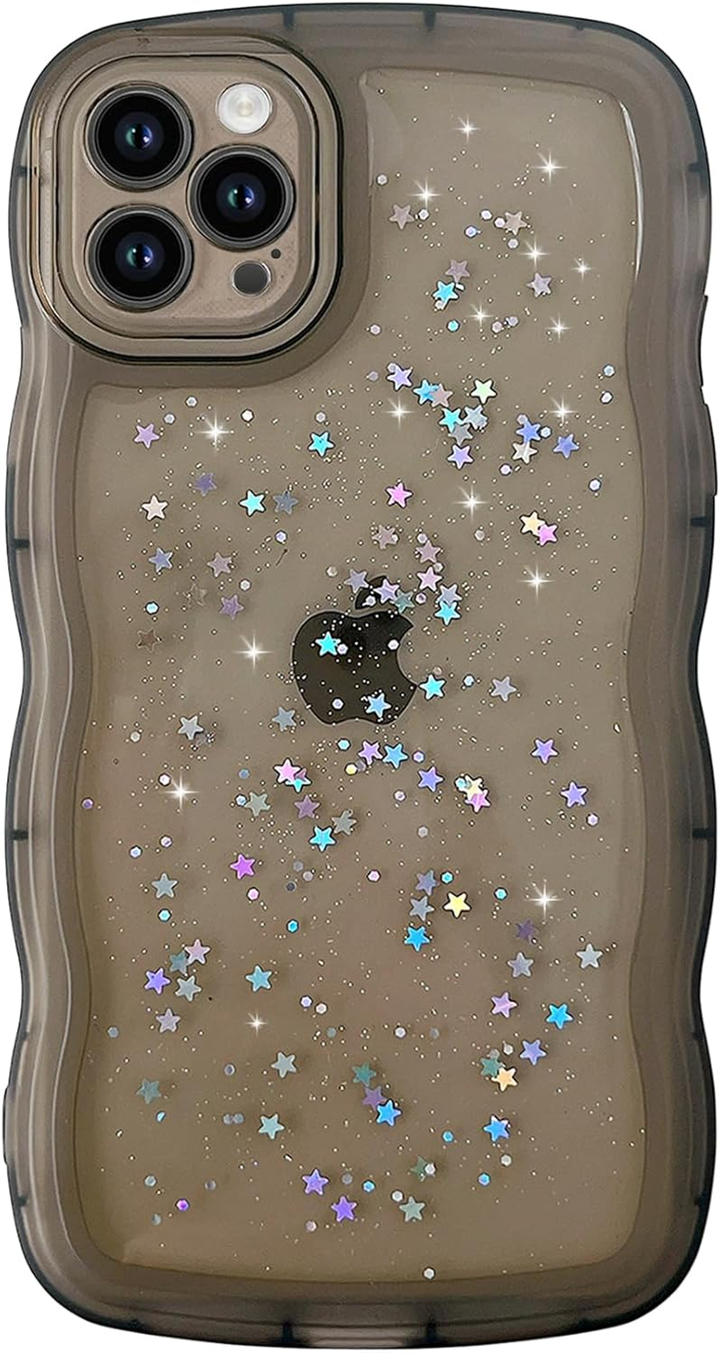 Qokey for Iphone 13 Mini Case 5.4" Curly Wave Edge Design Transparent Bling Glitter Star Shiny Cute Clear Transparent Full Protection Soft TPU Shockproof Phone Cover for Women Girls,Pink