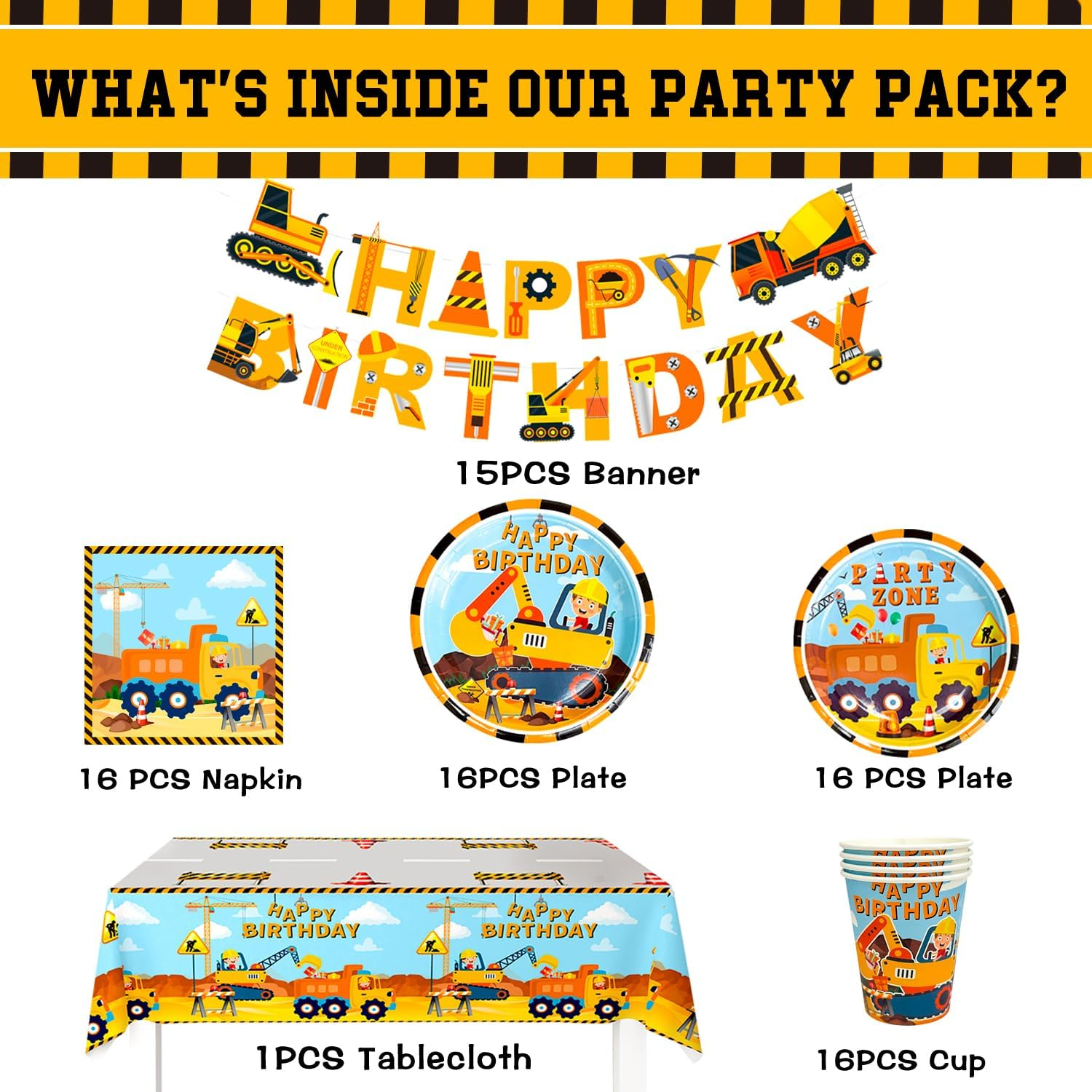 80Pcs Construction Party Supplies Tableware Set-Construction Birthday Party Plates Cups Napkins Tablecloth Banner Etc Construction Party Tableware for Dump Truck Excavator Construction Theme Party image number 2