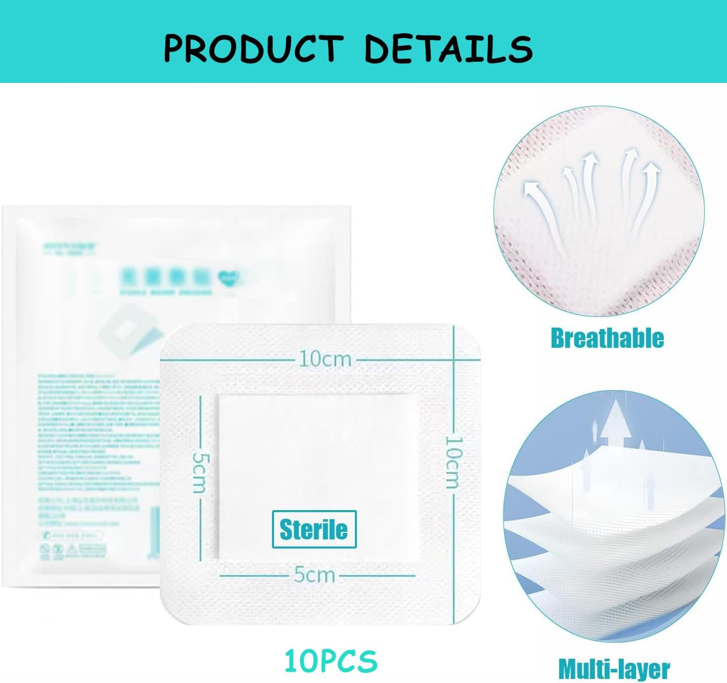 Wound Dressings Adhesive, 10 Pack Waterproof Sterile Dressing Pads Padding with Absorbent Patch, Individually Wrapped(10 X 10Cm) image number 5