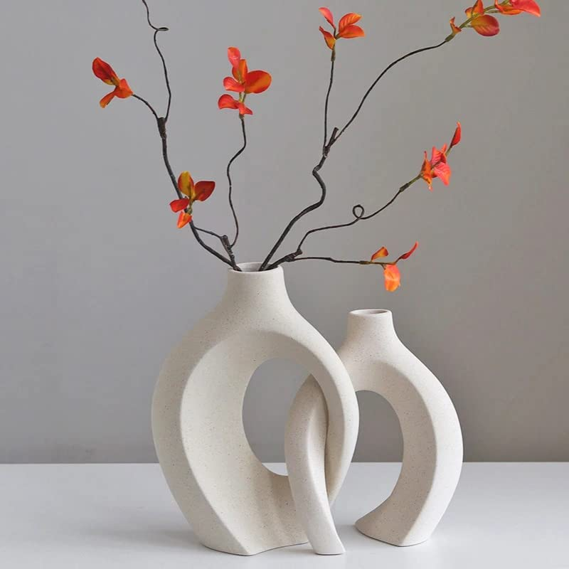 Ceramic Vase Set - 2 Flower Donut Modern Vases for Home D&eacute;cor, Creative White Vases Minimalism Style Decor Vase Table Vase for Living Room Entryway Bookshelf Mantel Centerpieces Shelf image number 3