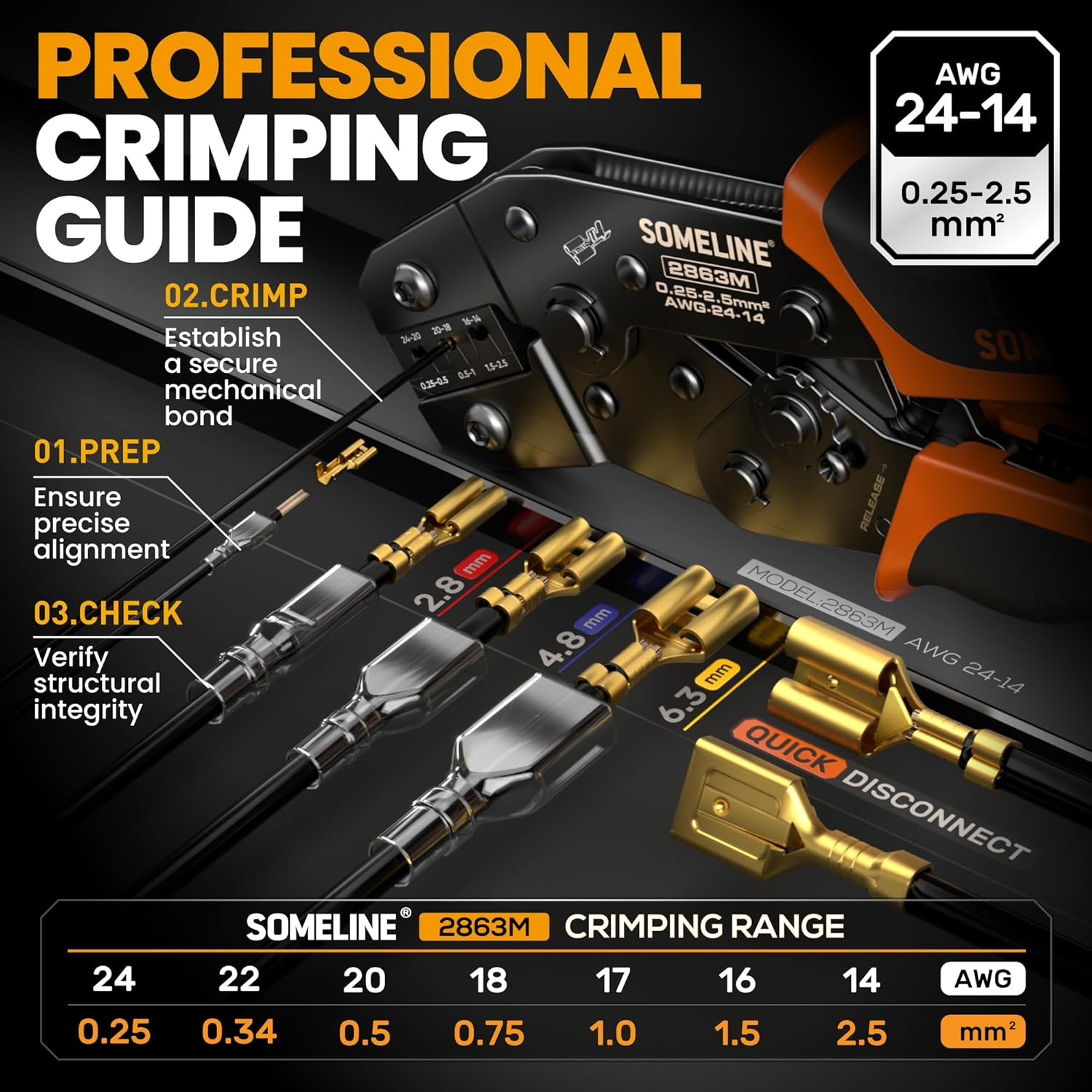 SOMELINE Spade Connector Crimping Tool Kit 24&ndash;14 AWG, 21 Types 2.8/3.9/4.8/6.3 Mm Male & Female Quick Disconnect Non-Insulated Spade Connectors &ndash; Open Barrel Crimping Tool &ndash; Wire Connector Kit image number 6