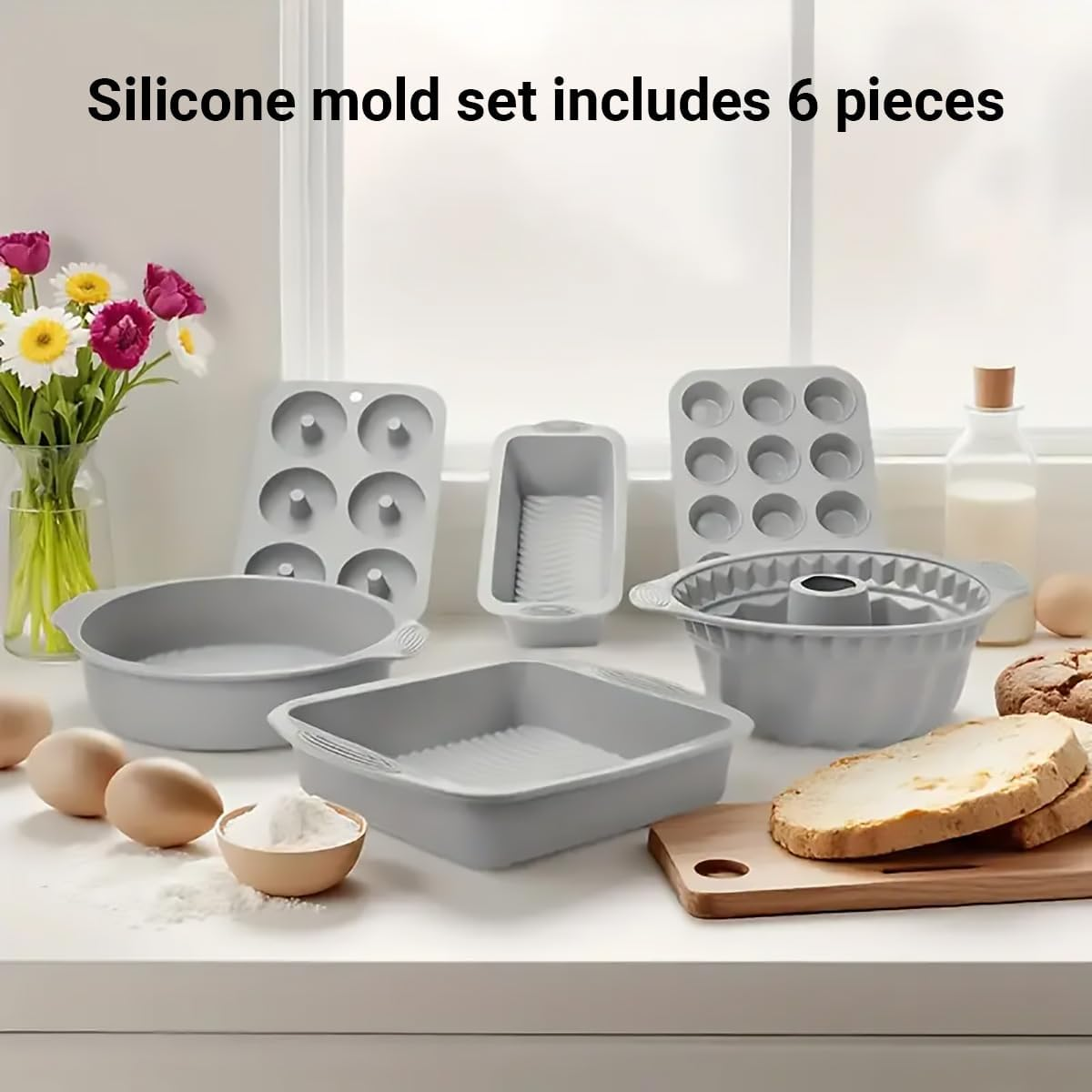 AIMALL 6-Piece Silicone Baking Mold Set, Non-Stick Cake Molds for Oven, Microwave & Freezer - Includes Round, Loaf, Muffin & Chiffon Cake Pans - Grey image number 3