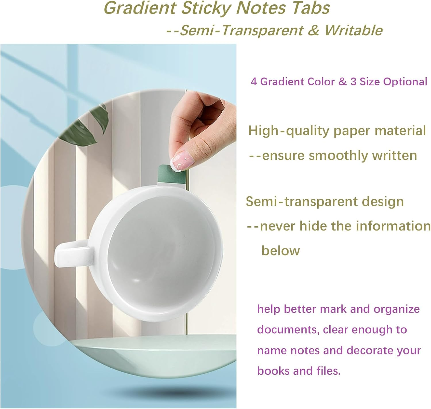 Gradient Sticky Notes Tabs, Transparent Sticky Tabs, Index Tabs, Sticky Notes Writable Annotation Tabs for Book Reading, File Classification, Book Tabs Flags, Label, Page Markers (Gradient Green M) - Gradient Blue L image number 2
