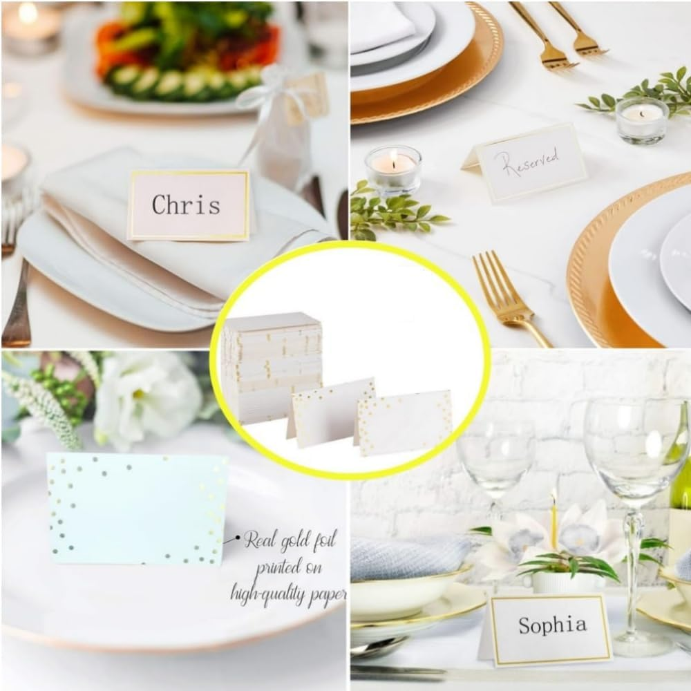 Jindizi Wedding Place Cards, 50 PCS Table Place Cards, Small Tent Cards, Blank Wedding Name Place Cards with Gold Dot Border for Party, Banquet, Reserved Seating image number 3