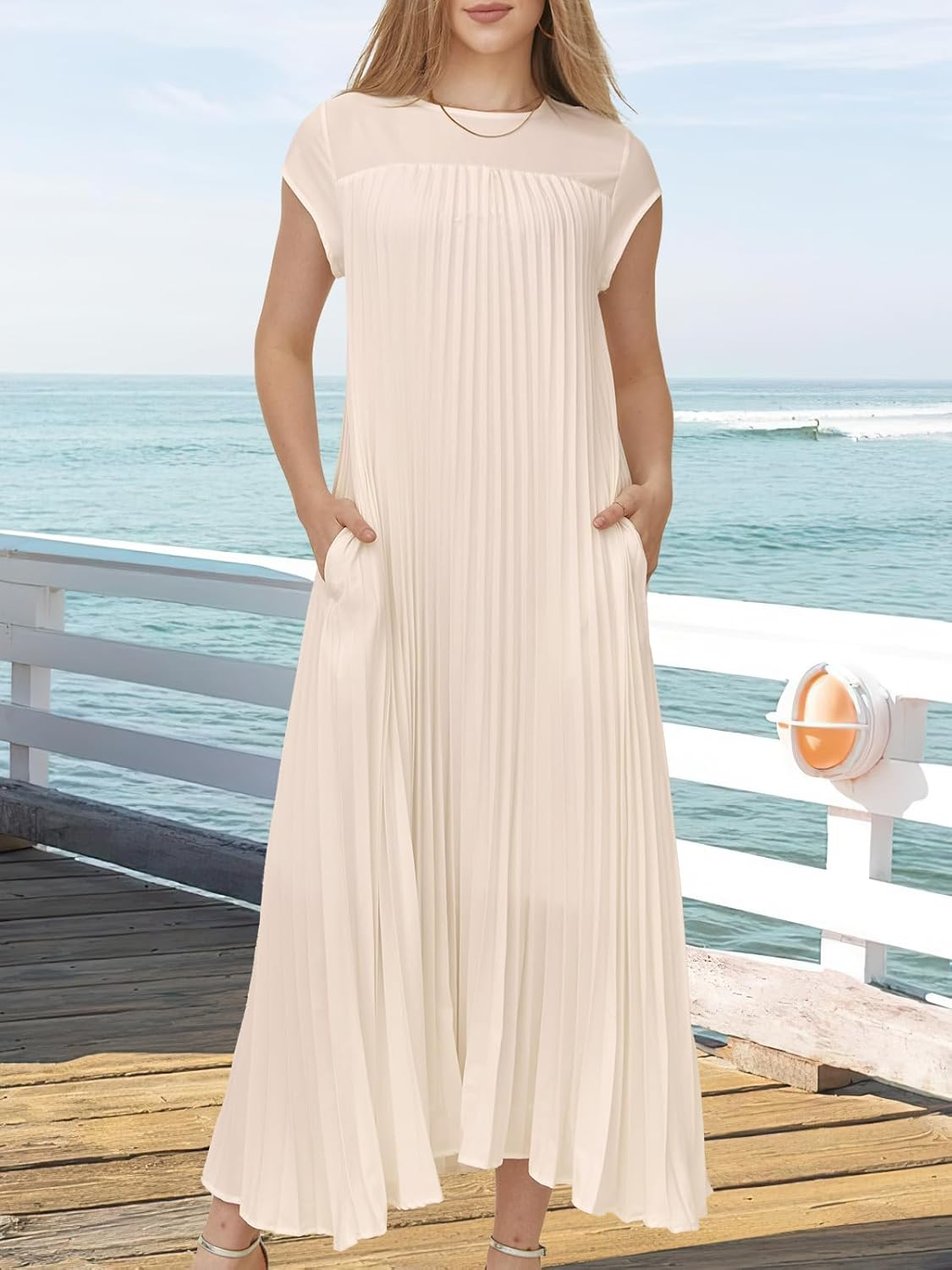 Women'S Church Pleated Maxi Dress 2025 Summer Cap Sleeve Maternity Modest Flowy Dresses with Pockets image number 7