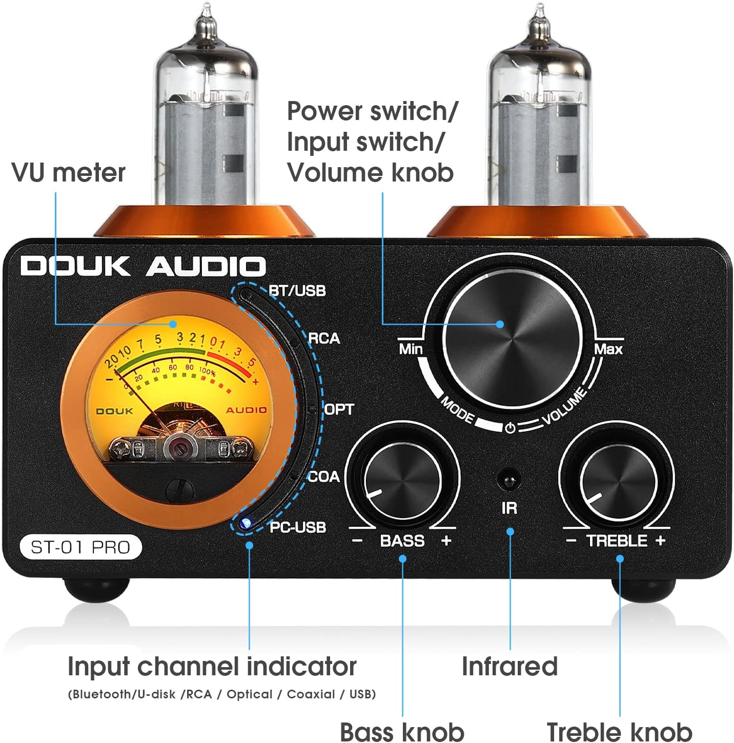 Douk Audio ST-01 PRO 200W Bluetooth Amplifier, 2 Channel Vacuum Tube Power Amp with USB Dac/Coaxial Optical Inputs/Vu Meter/Treble Bass Control for Home Theater/Stereo Speakers (Upgrade Version) image number 1