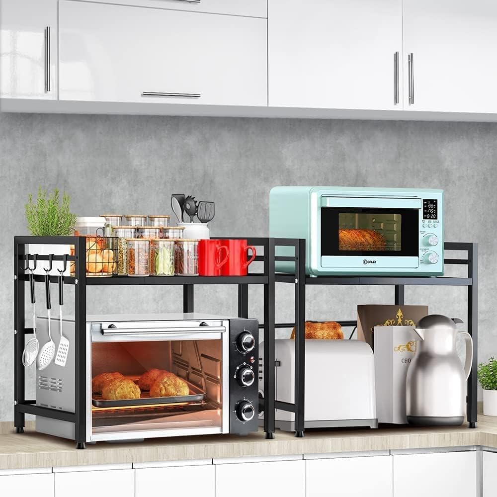 Microwave Stand, Expandable over Microwave Oven Rack， Adjustable Width and Height Kitchen Stand Counter Rack With, Equipped with 3 Hooks, Suitable for Kitchen Storage（Black） image number 3