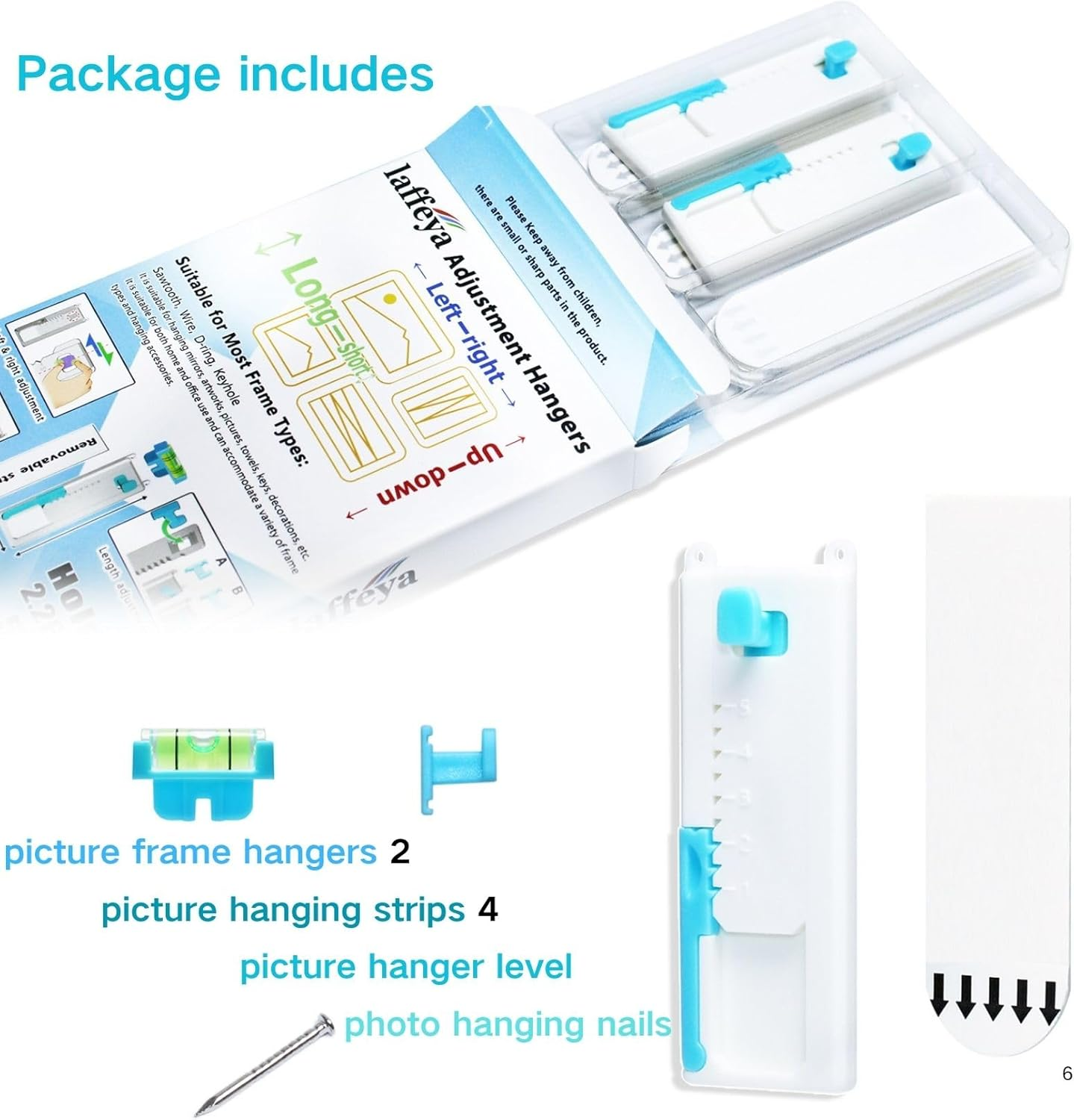 Laffeya Picture Hangers, Adjustable Adhesive Wall Hooks with Level, Damage Free Hanging Strips Hanger for Art, Photos, Mirrors & Decor Frame (Picture Hook, 2) image number 1