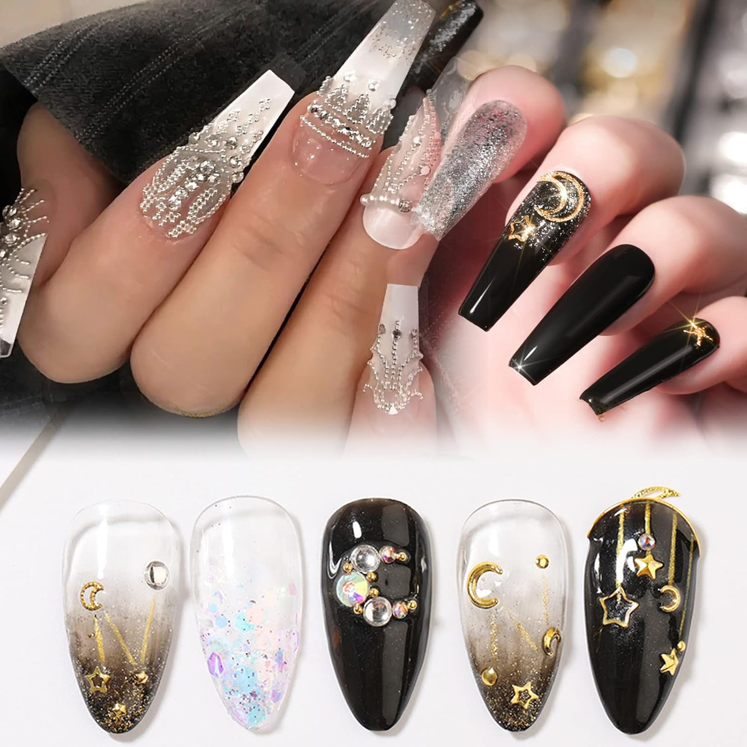 BDSHUNBF 1400 Piece Nail Art Rhinestones Set, Gold Glitter Stones Nail Art, Crystal Nail Stones Set, Stars Moon Nail Art Charms, for Nails DIY, with Tweezers and Drill Pen image number 4