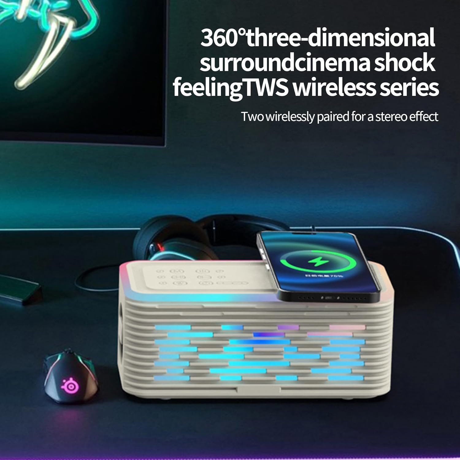 Wireless Charging Bluetooth Speaker, Stereo Surround Sound, 12 Hours of Playback, 24 Sleep Sound Effects, 5 Mood Lights, Support AUX, TF Card Input, Suitable for Boys, Girls, Family Holiday Gifts image number 5