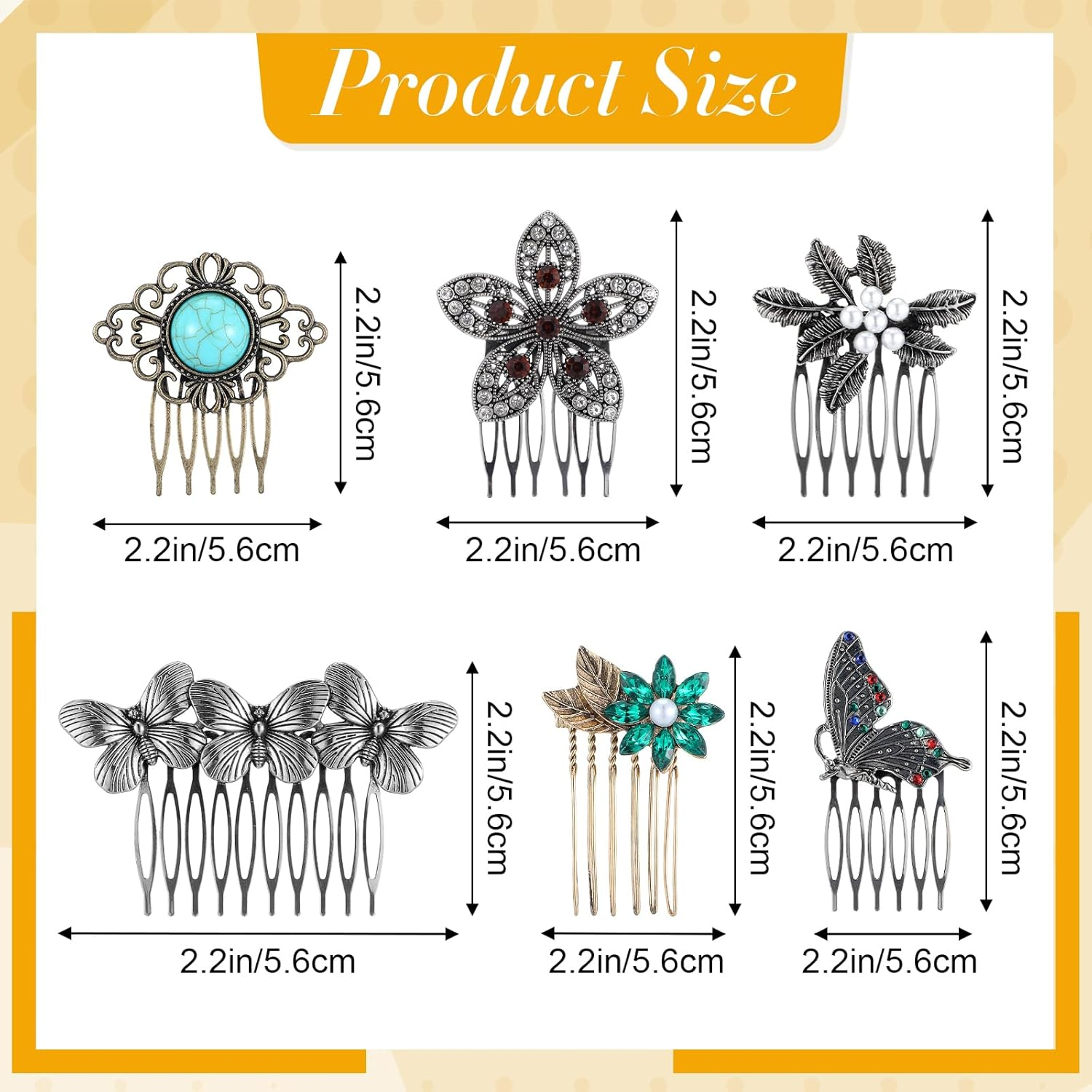 Mabor Pack of 6 Vintage Hair Combs for Clip-In, Cute Ladies, Butterfly French Comb, Zinc Alloy Hair Comb, Rhinestone Hair Comb for Women with Thin and Thick Hair (6 Styles, 6 Sizes) image number 5