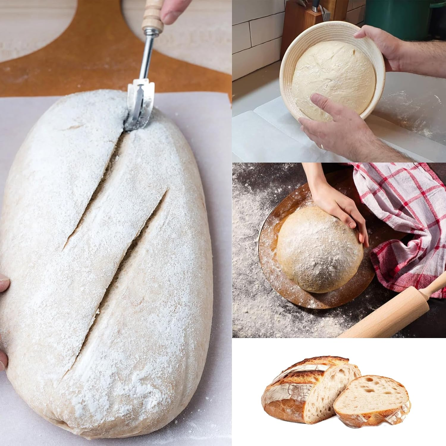 Sourdough Starter Kit,Sourdough Bread Baking Supplies with 9.8'' round and 9'' Oval Banneton Bread Proofing Basket,Dough Whisk,Bread Lame,Metal Scraper and Silicone Brush image number 3
