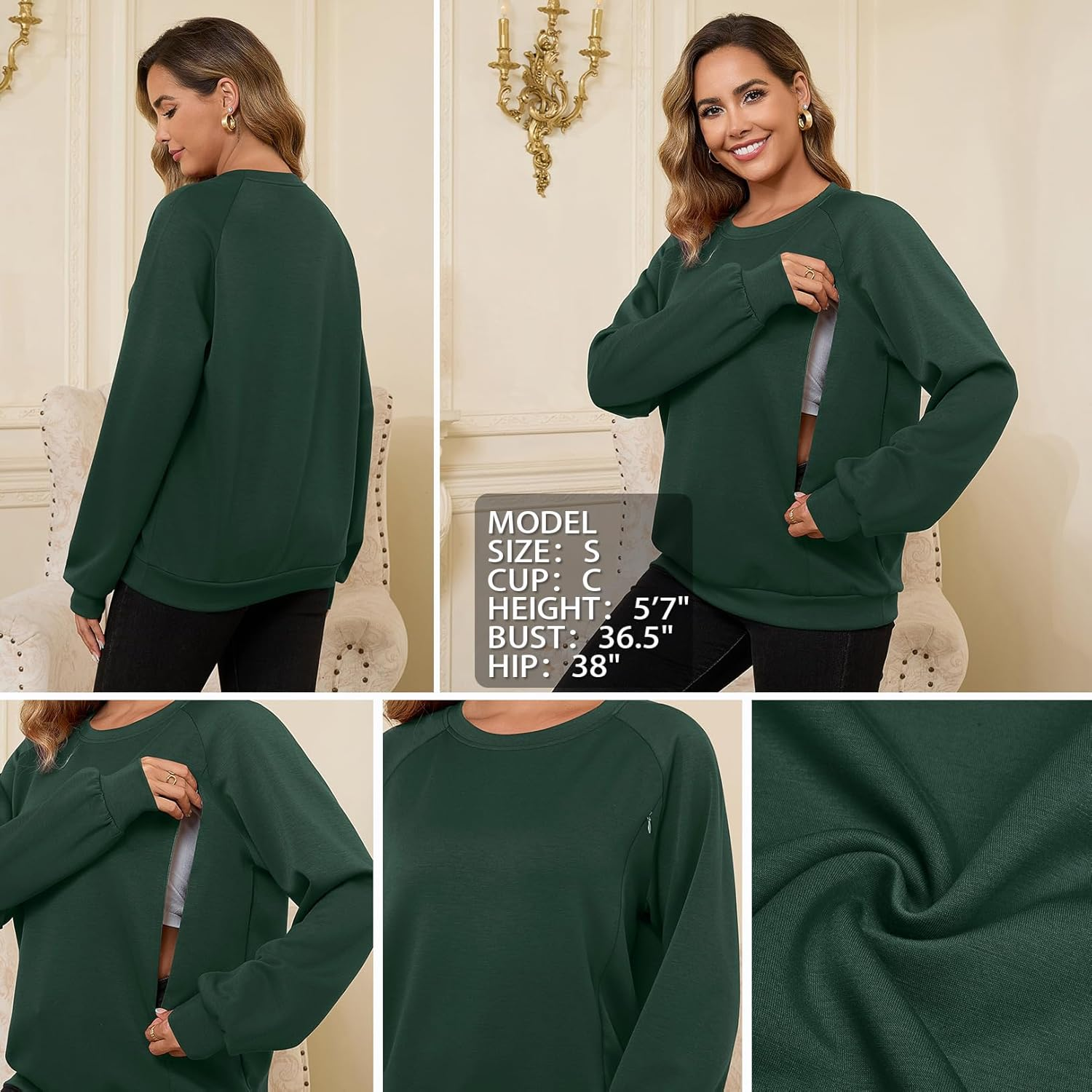 DEBELLY Nursing Friendly Sweatshirt for Breastfeeding Women Dual Zippers Nursing Top Long Sleeve Crew Neck Casual Wear image number 2