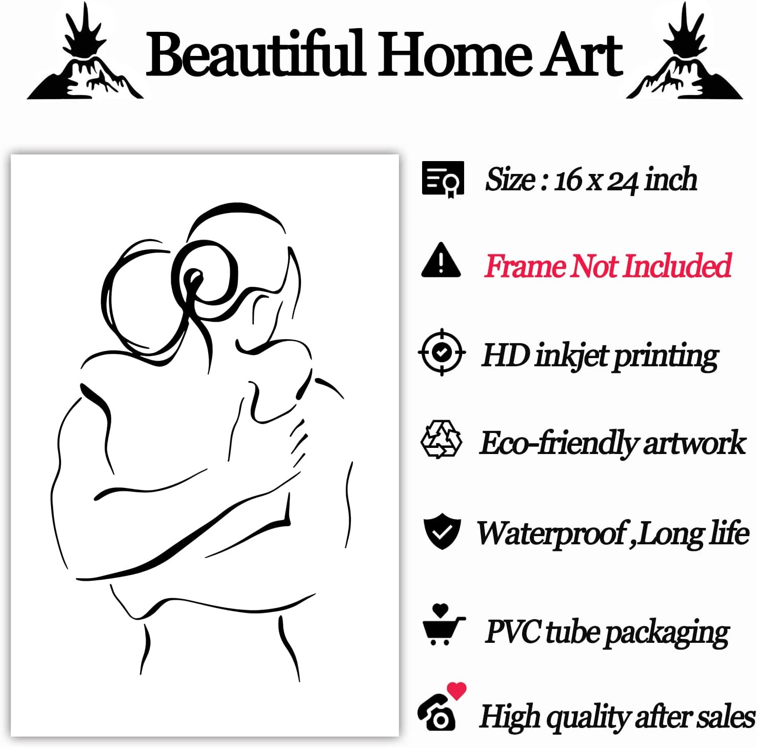 Black & White Abstract Line Art Canvas Print - Couple Hugging Wall Art - Minimalist Line Art Prints for Bedroom - No Frame image number 1