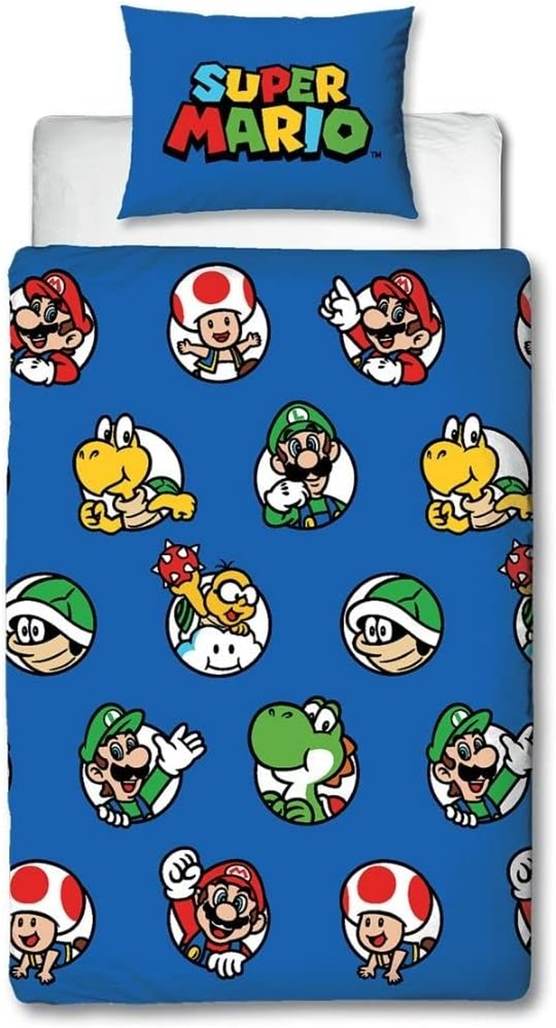 Nintendo Super Mario Official Single Duvet Cover Set, Continue Design | Blue Reversible 2 Sided Bedding Cover Official Merchandise Including Matching Pillow Case image number 1