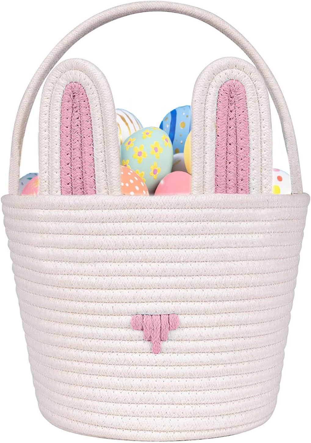 Poschnor Easter Basket for Gifts, Empty Cotton Bunny Basket Bin with Handles, Baby Toy Storage Organizer, Pink/White image number 4