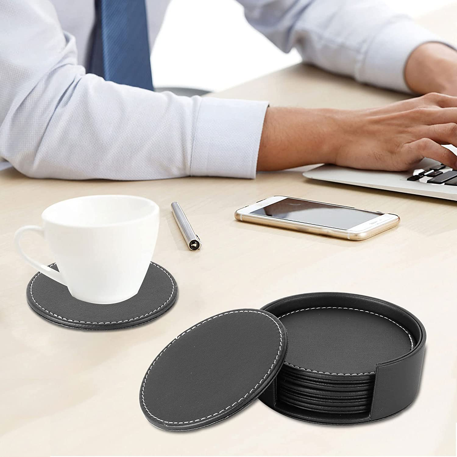 CARLWAY Set of 6 Leather Drink Coasters round Cup Mat Pad for Home and Kitchen Use Black, 3.94", 10Cm, image number 3
