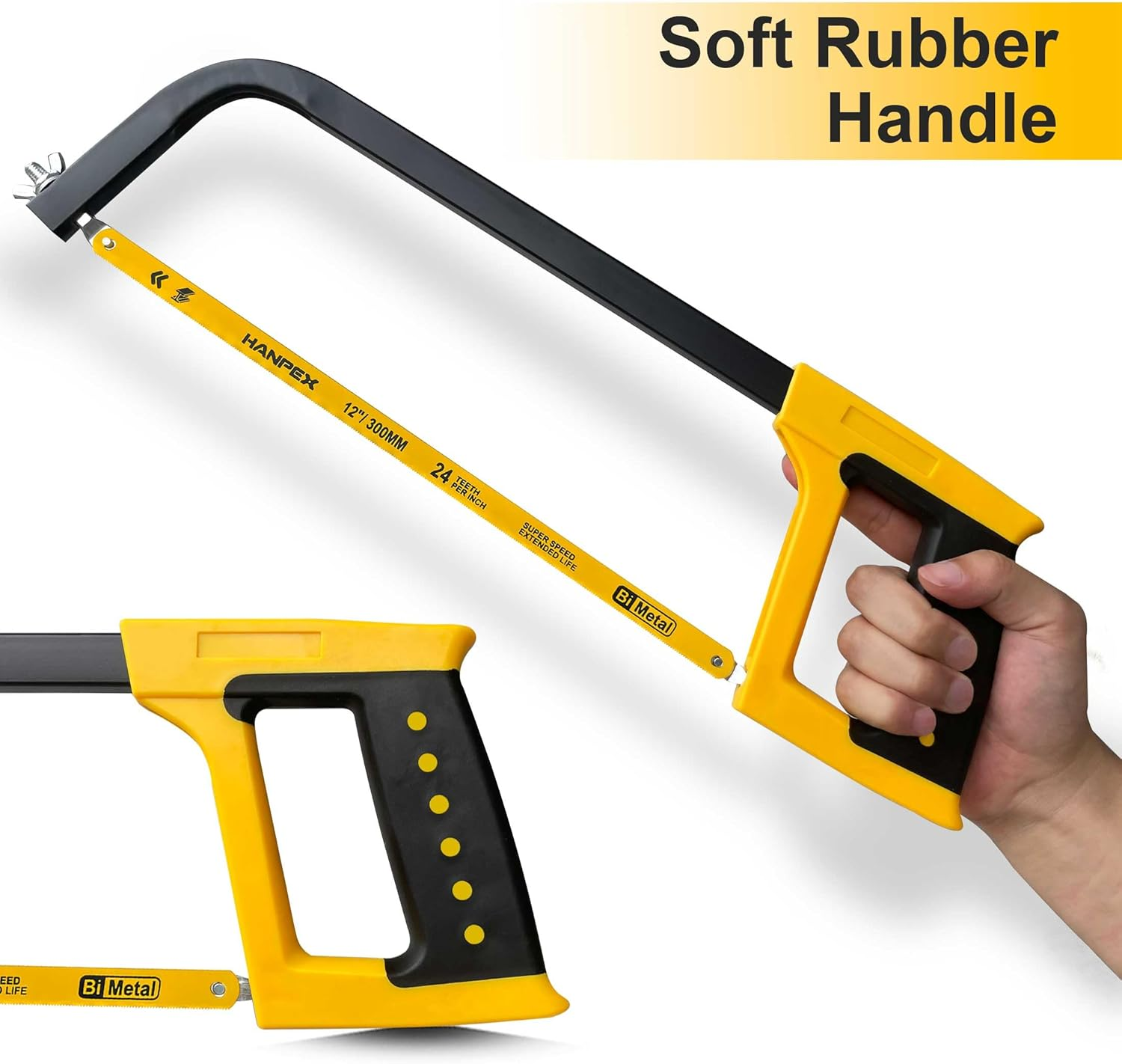 Hanpex 30Cm(12Inch) High-Tension Hacksaw Frame with 24 TPI Bi-Metal Blade, Hand Saw Suitable for Metal, Wood, PVC, Carpentry image number 5