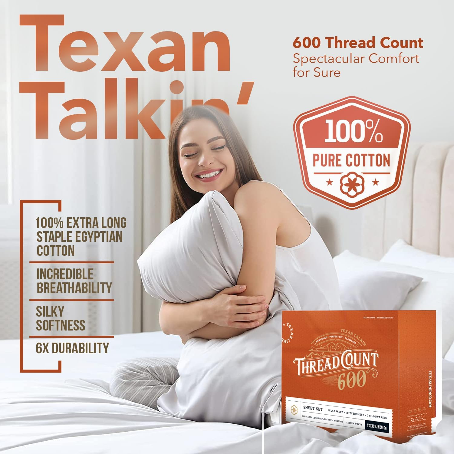 TEXAS LINEN CO. 100% Egyptian Cotton Sheets - 600 Thread Count 4 PC King Size Sheet Set, Soft, Cooling, High Thread Count Sateen Weave, Extra Long Staple Luxury Bedding, 16" Deep Pocket - Ivory