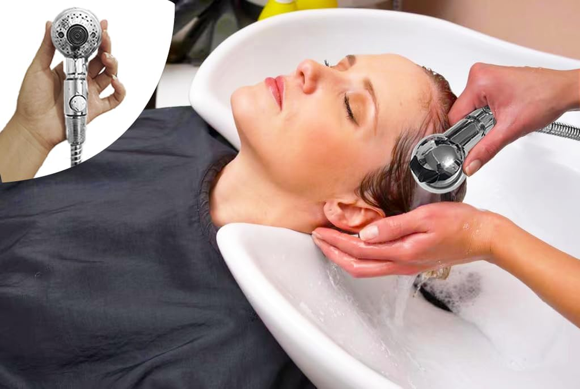 Shampoo Bowl Hose and Sprayer, 1/4&rsquo;&rsquo; Nut Stainless Steel Salon Sink Hose with Spray Head Replacement Part to Attach Shampoo Bowl Faucet Vacuum Breaker, Dual Sprayer Model, One Click Water Stop Button image number 2