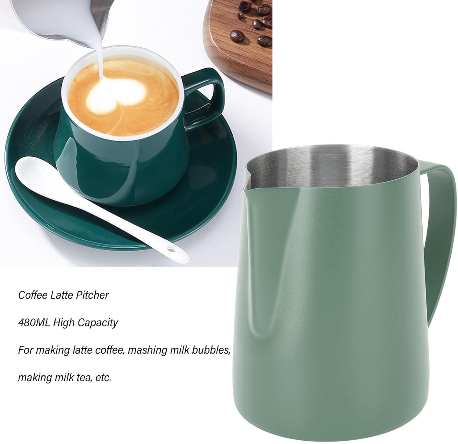 FLEXMAN 480Ml Milk Frothing Pitcher, Stainless Steel Multipurpose Pour over Coffee Maker, Metal Milk Frother Cup with Inner Scale for Making Latte Coffee, Milk Bubbles, Milk Tea (Dark Green) - Dark Green image number 3