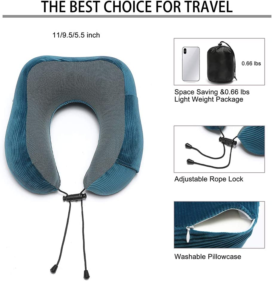 Memory Foam Neck Pillow with 360-Degree Head Support Lightweight Comfortable Travel Airplane Pillow with Storage Bag for Sleeping, Traveling,Car, Train, Bus and Home Use(Blue) image number 3