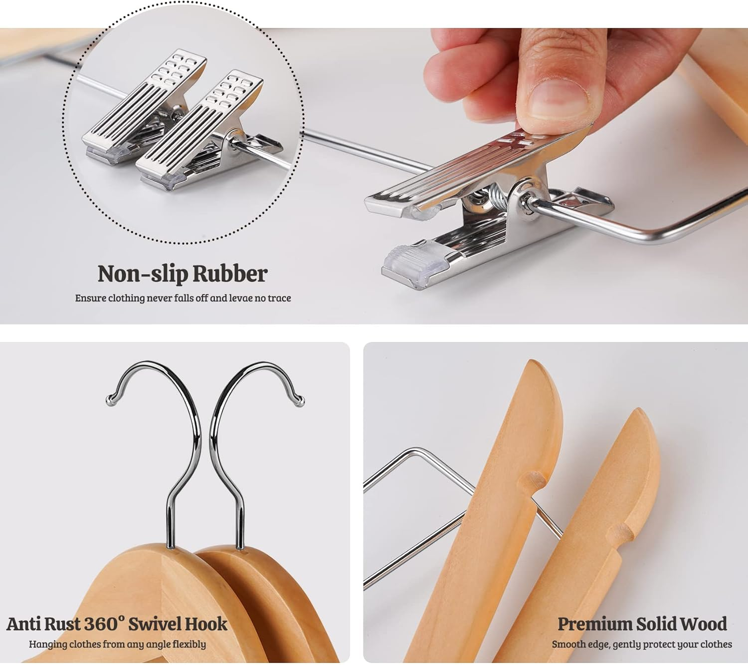 HOUSM 16Pack Wooden Skirt Hangers with Clips, Solid Wood Pants Hangers, Natural, Smooth Finish, High-Grade Selected Wood, Sturdy Metal Clips for Blouse, Dress, Coat, Jacket