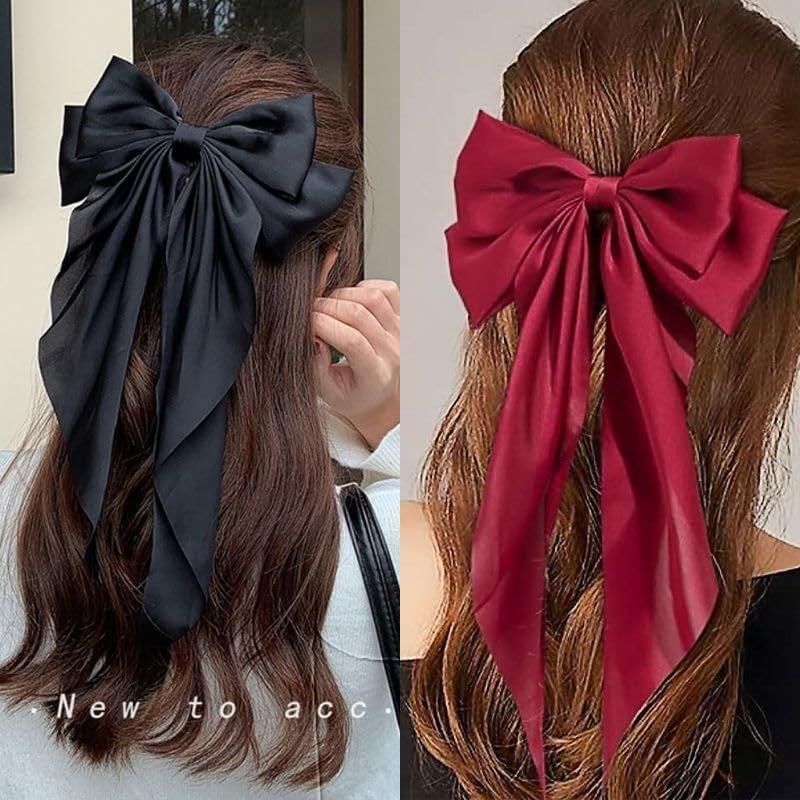 Hair Clips with Large Bow and Long Aeidy Satin, Elegant Hairpin Bow, French Hair Clip, Hair Accessories for Women, Girls for Party, Christmas, Women, Navy Blue image number 2