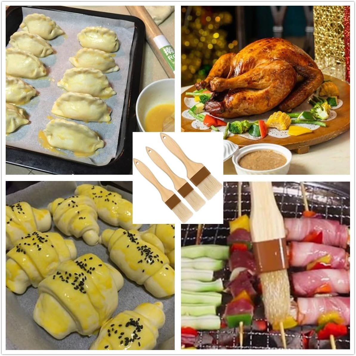 3Pcs Natural Boar Bristle Brushes,Pastry Basting Brushes,For Barbecue,Outdoor Dining,Brush with Oil/Butter/Sauces/Marinades,Clearing the Dust(1Pcs 2 Inch,2Pcs 1Inch) image number 2