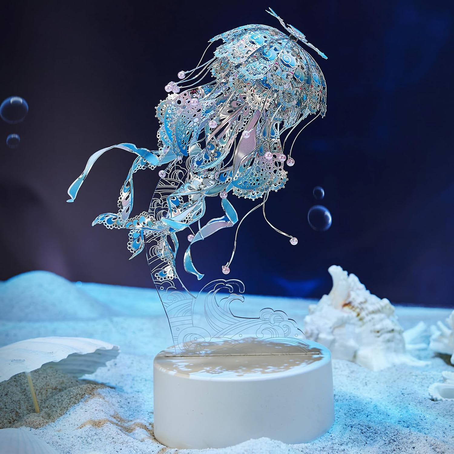 Piececool 3D Puzzles for Adults, Jellyfish Night Light with USB Plug, Ocean Animals 3D Metal Model Building Kits, DIY Assembling Arts and Crafts, Blue