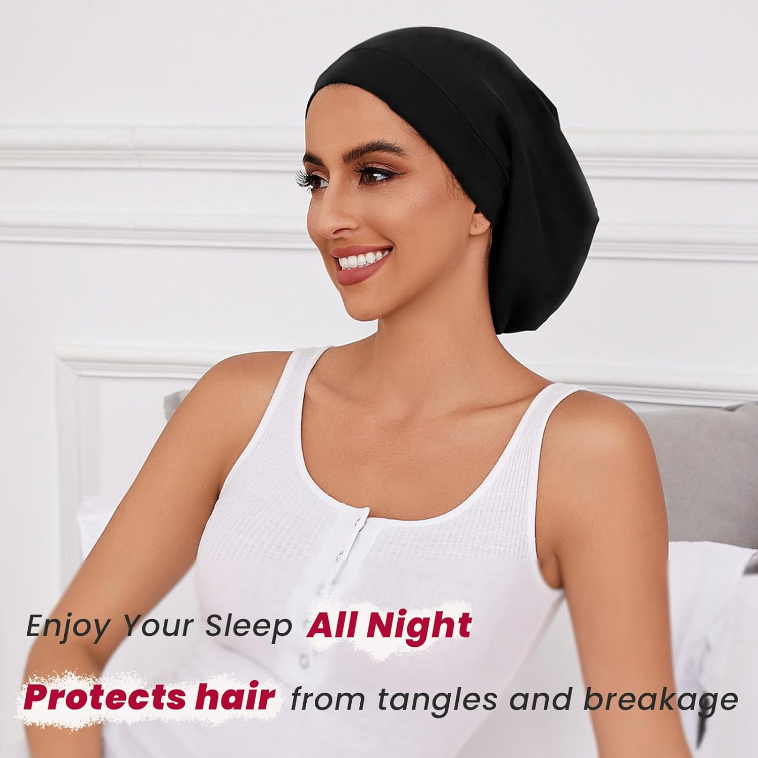 Silk Bonnet for Sleeping Women, Adjustable Silky Satin Lined Sleep Cap, Silk Hair Wrap for Sleep Night Cap, Black&Black, One Size image number 5