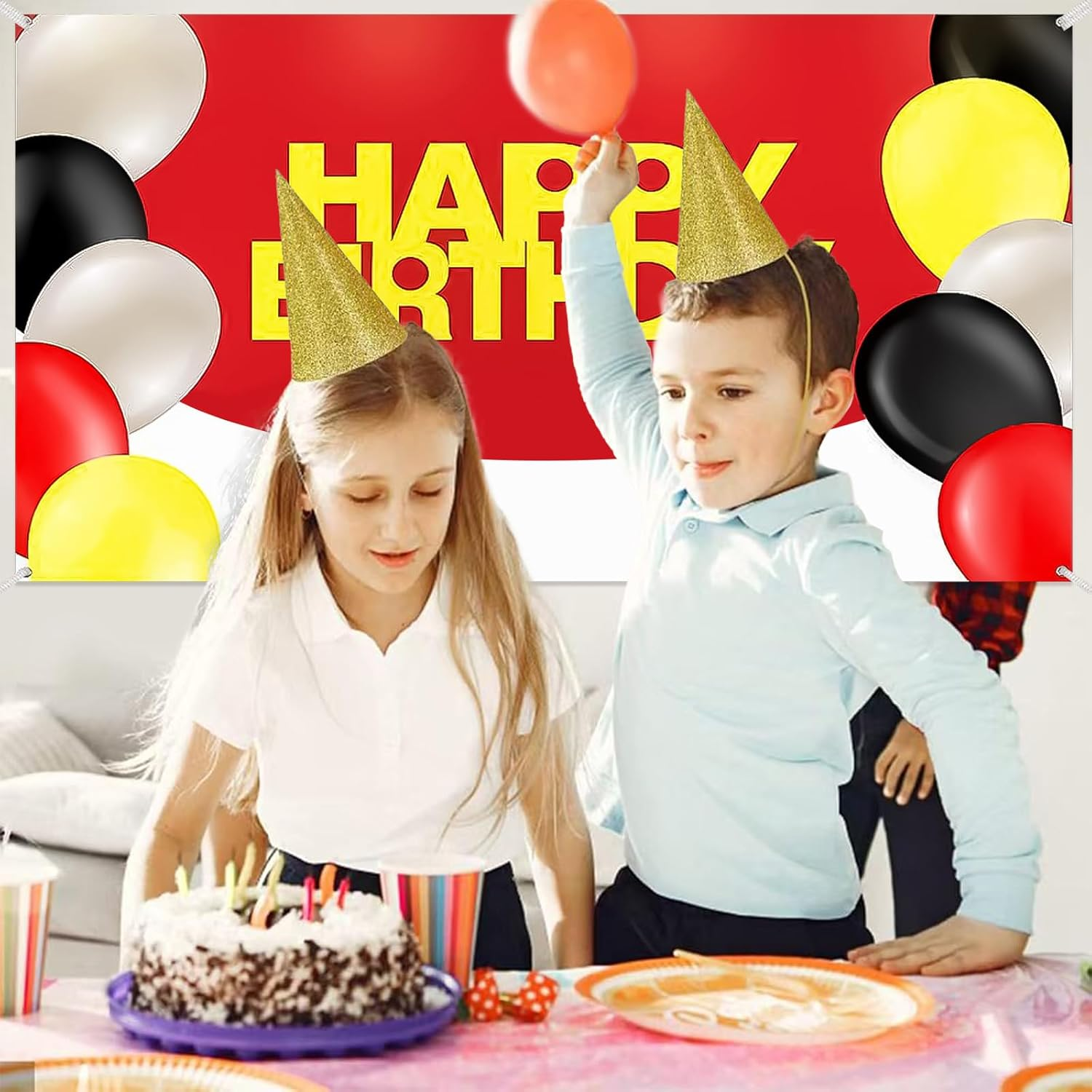 6.1 X 3.6 Feet Red White Ball Birthday Backdrop Extra Large Happy Birthday Photography Backdrop Party Background Banner for Kids Birthday Party Decoration image number 4