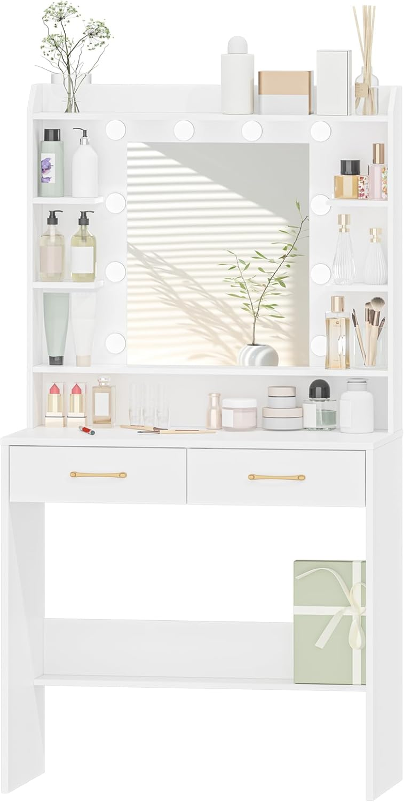 Hzuaneri Vanity Desk with Mirror and Led Light, Adjustable Brightness, Dressing Table with Shelves and 2 Drawers, for Bedroom, 40 X 80 X 149 Cm, White DT08203XAU image number 1