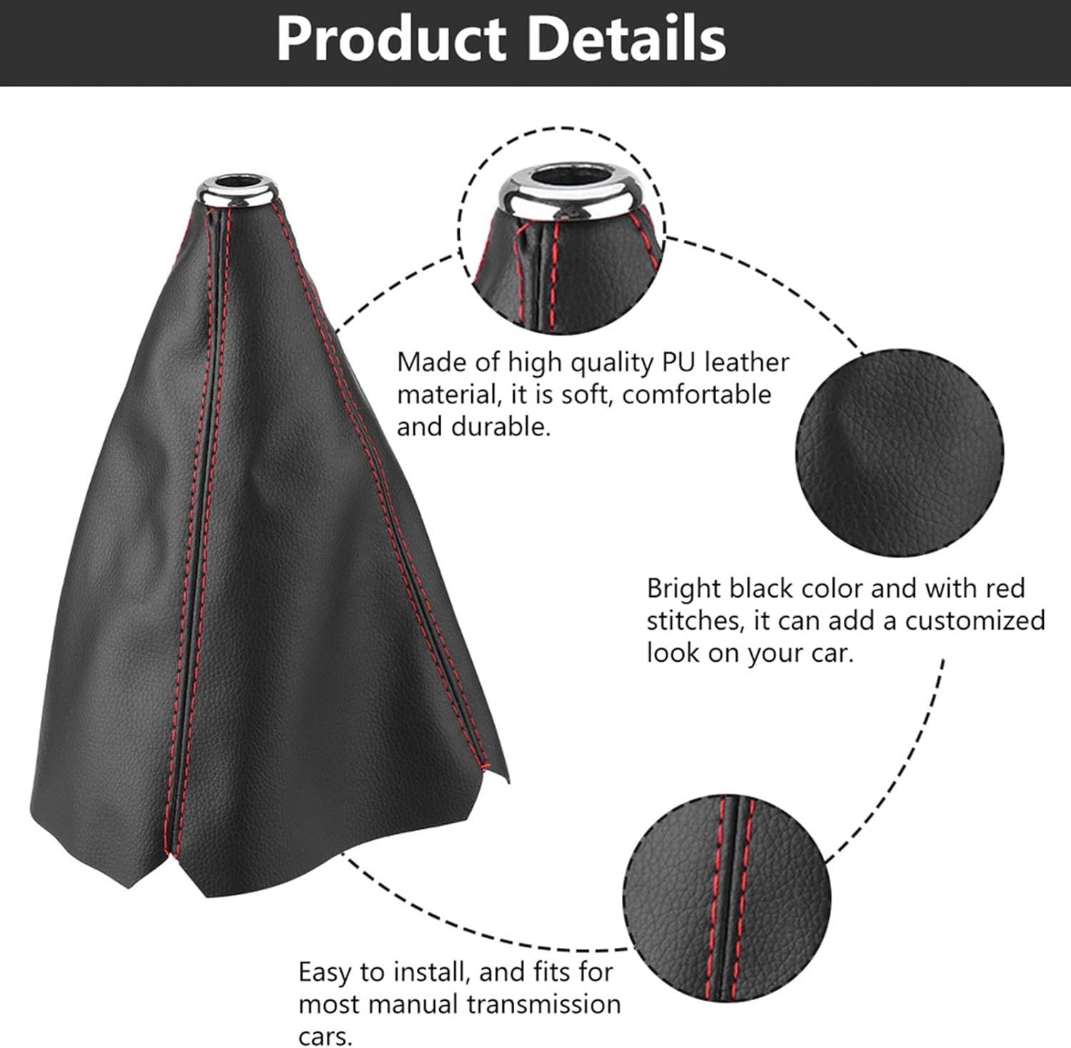 PU Leather Gear Shift Knob Cover, Red Stitch Boot Cover Large Size Fitment Easy to Install for Most Manual Transmission Cars image number 1