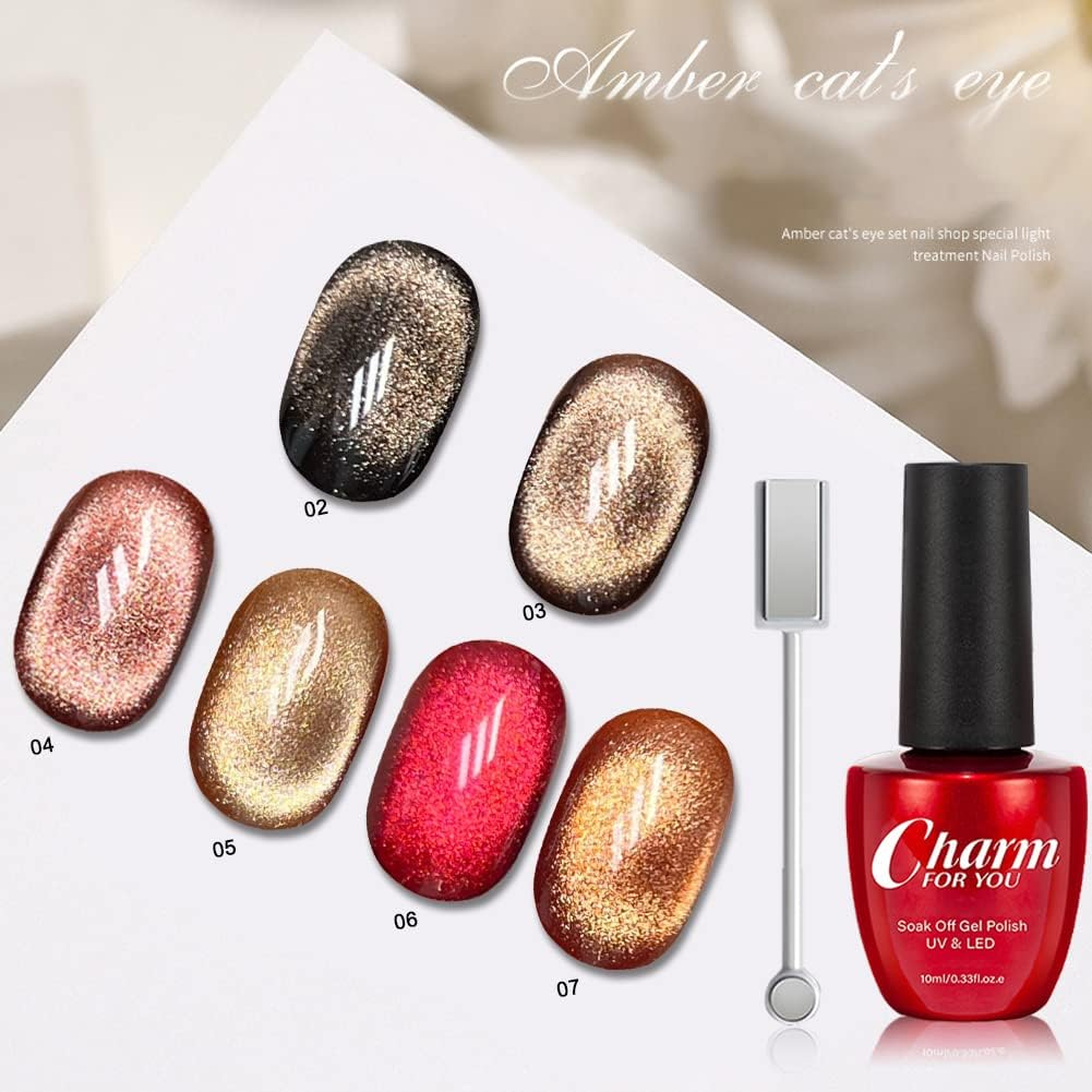 Magnetic Gel Nail Polish Set, 6 Colors Wide Amber Cat Eye Gel Polish Crystal Jelly Transparent 9D Cateye UV Gel Soak off Nail Polish Art Manicure Kit with Magnetic Stick image number 3