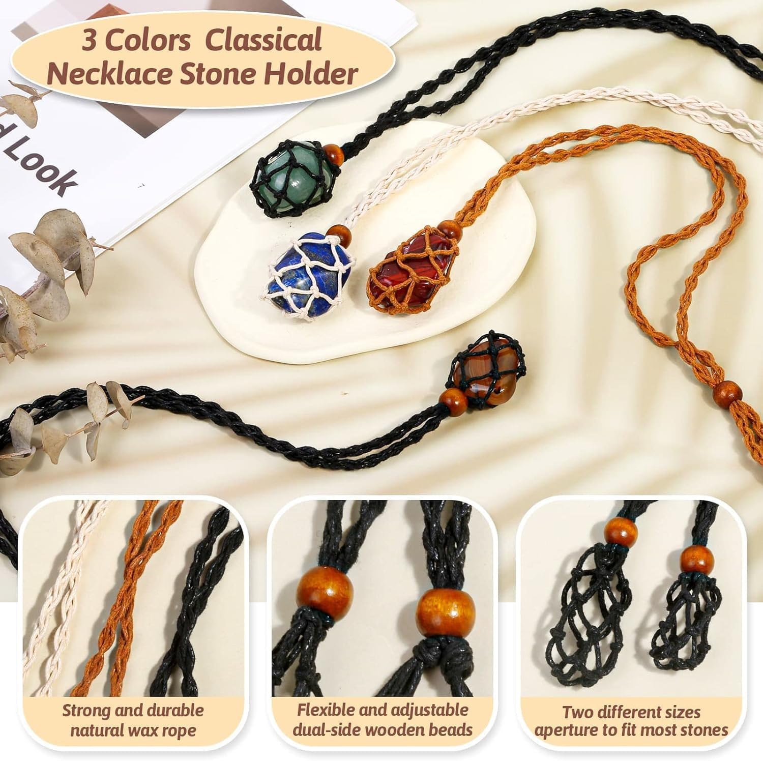 Crystals Necklace Holders and Healing Stones Set, 3Pcs Adjustable Crystal Cage with 7 Chakra Crystals and Healing Stones for Yoga, Meditation, Jewelry Gift and Home Decor, Assorted Size, Stone image number 4