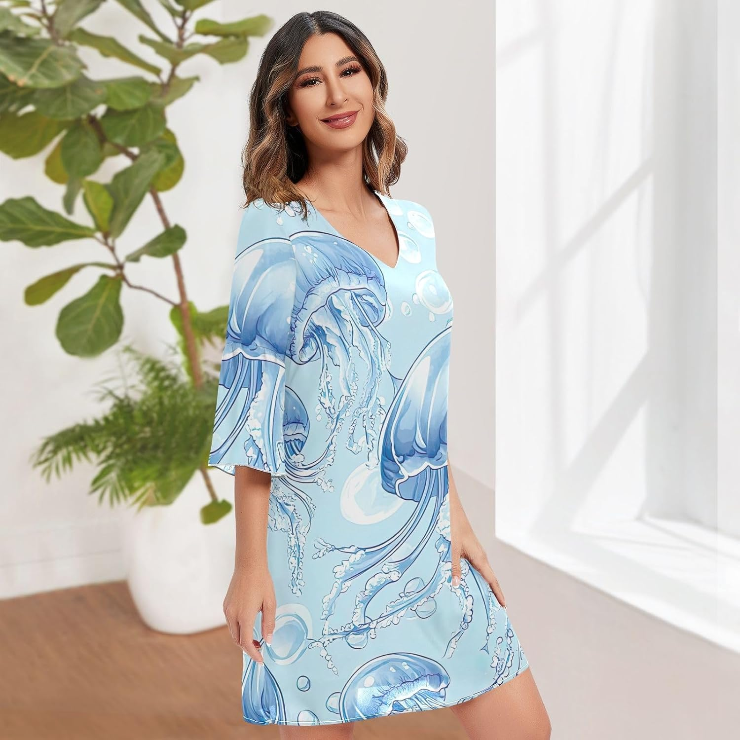 Blue Jellyfish Cartoon Summer Dress Printed Line Maternity Dress S-XXL image number 1