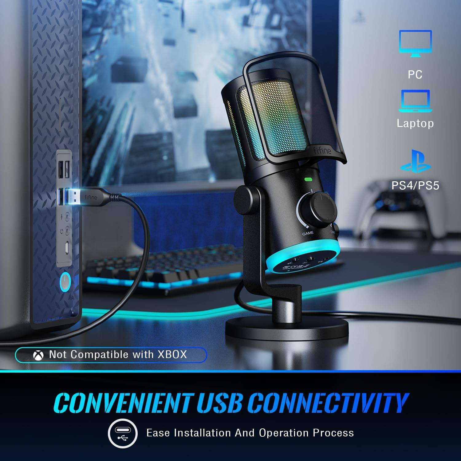 FIFINE Gaming PC Microphone, USB Streaming Microphone with Game Chat Balance, Computer Condenser Desktop RGB Mic with Mute Button, Noise Cancellation for Podcast/Twitch/Discord-Ampligame AM6 image number 5