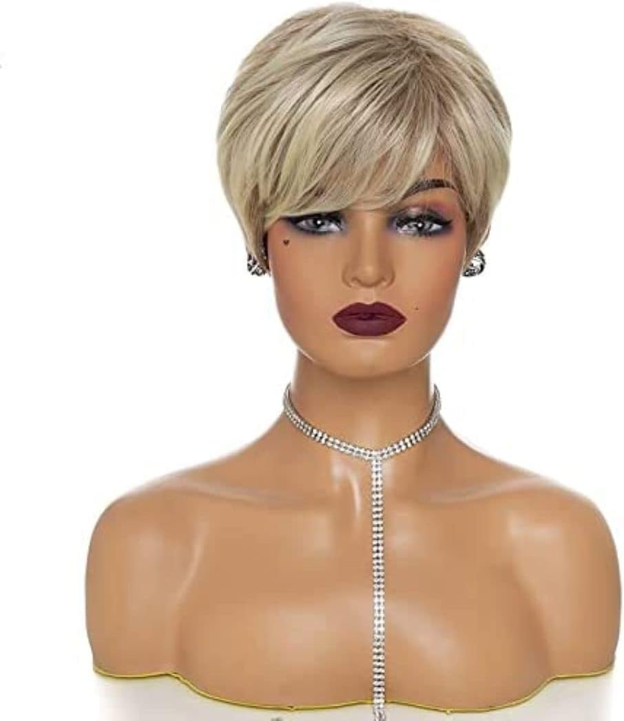 AIYLMZ Short Straight Blonde Women Bob Wigs Golden Pixie Cut Natural Looking Synthetic Wigs with Side Fringe for Women (Blonde) - Blond image number 2