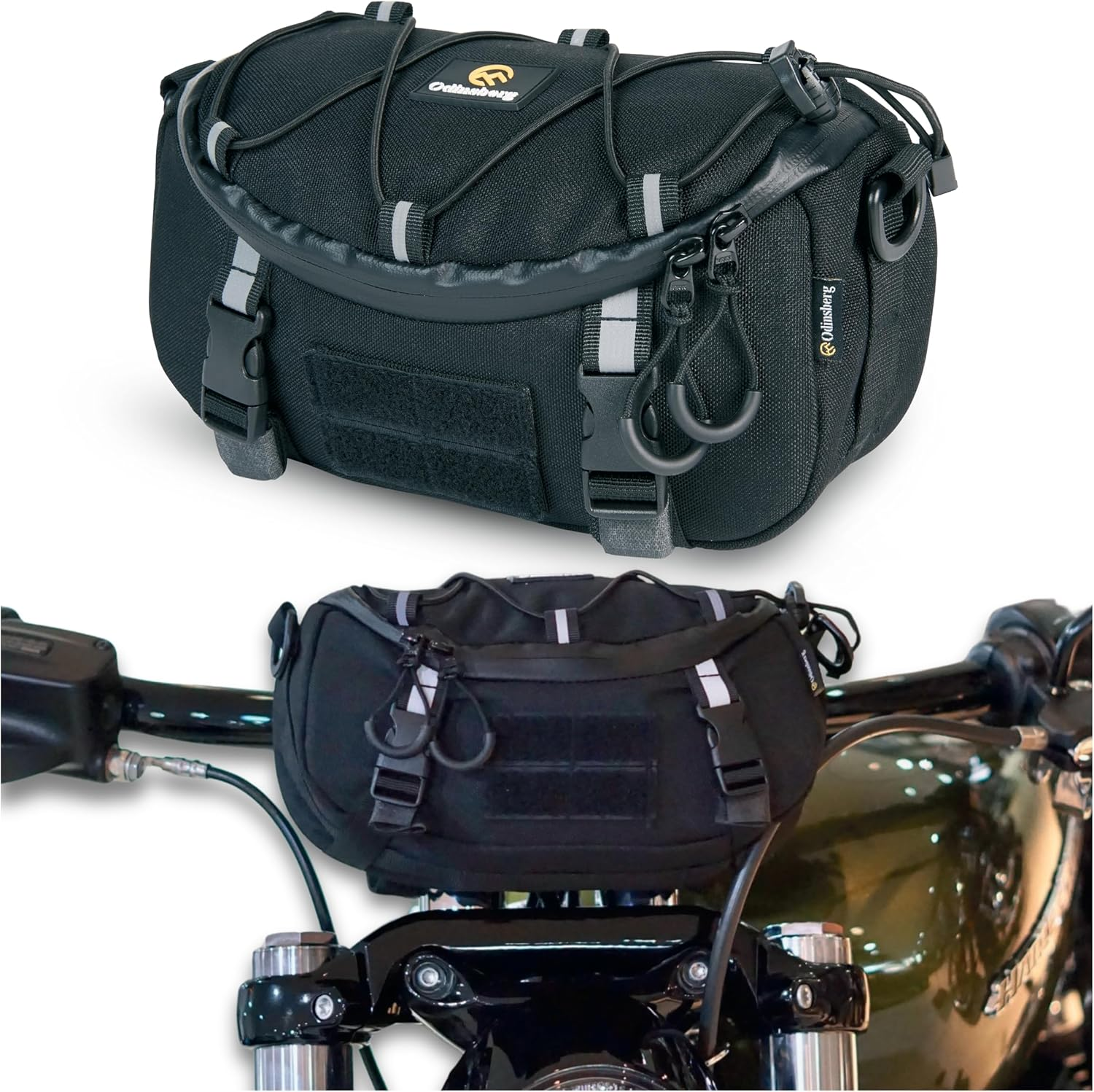 Odinsberg Multifunctional Motorcycle Handlebar Bag Tool Fork Front Tail Frame Side Small Storage Compartment Pouch for Motorbike Bicycle Snowmobile Quad ATV Moto,Black,(Valhalla-Bar-Bag-Bk-M V1)