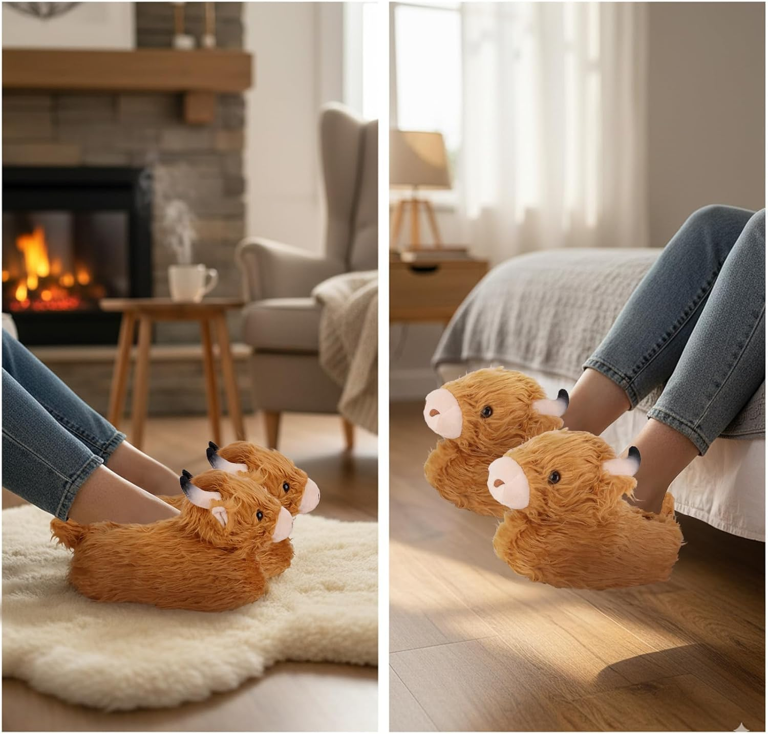 Zidoley Highland Cow Slippers - Cute and Cozy Animal Gifts for Women. Fuzzy Winter Indoor Slipper, Unisex UK Size 3-8. Soft Plush Fleece, Funny House Slipper for Warmth and Comfort image number 1