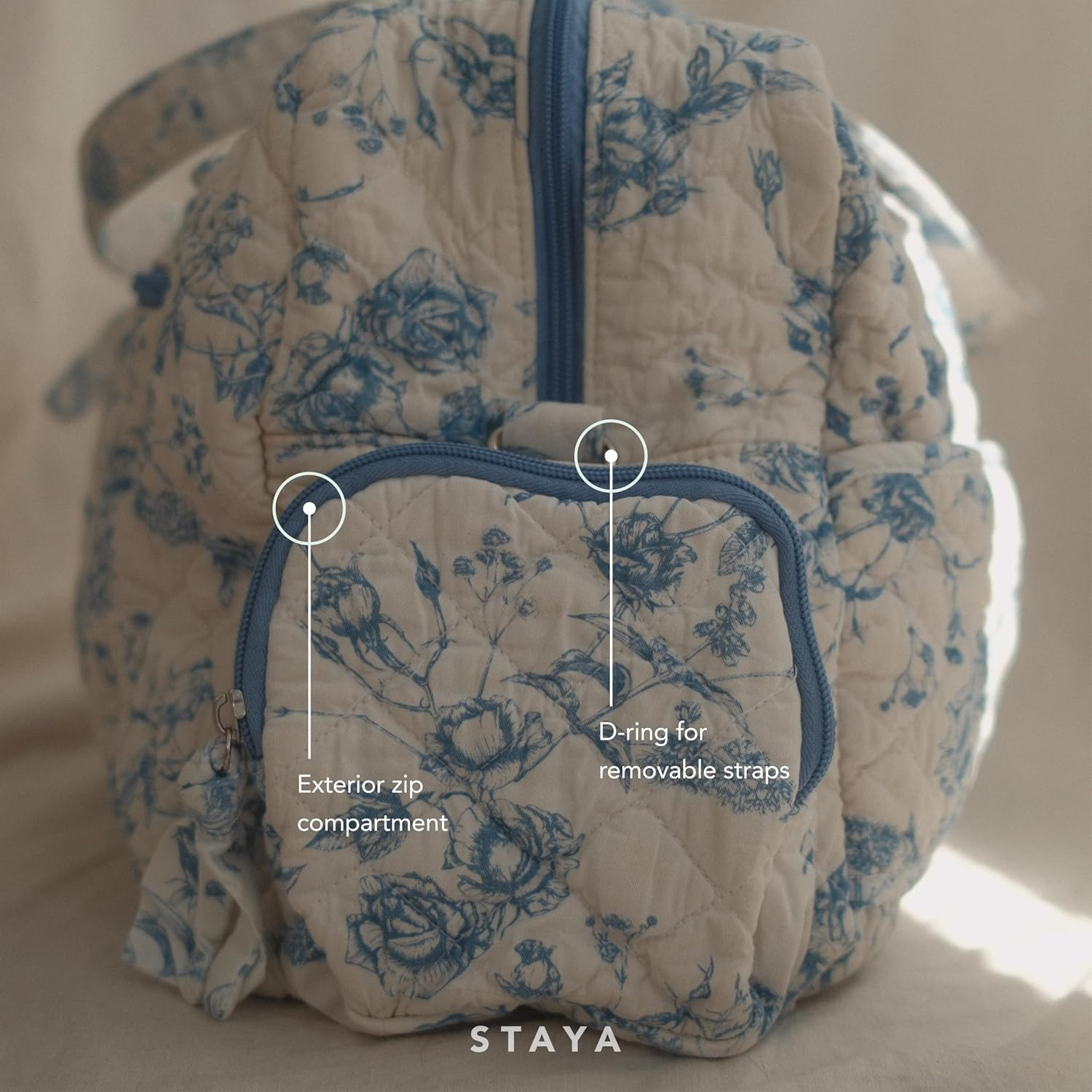 Staya Quilted Duffle Bag - Perfect Travel Companion, Quilted Weekender Bag for Women,, Blue Floral, Medium, Overnight Bag - Floral Canvas image number 5